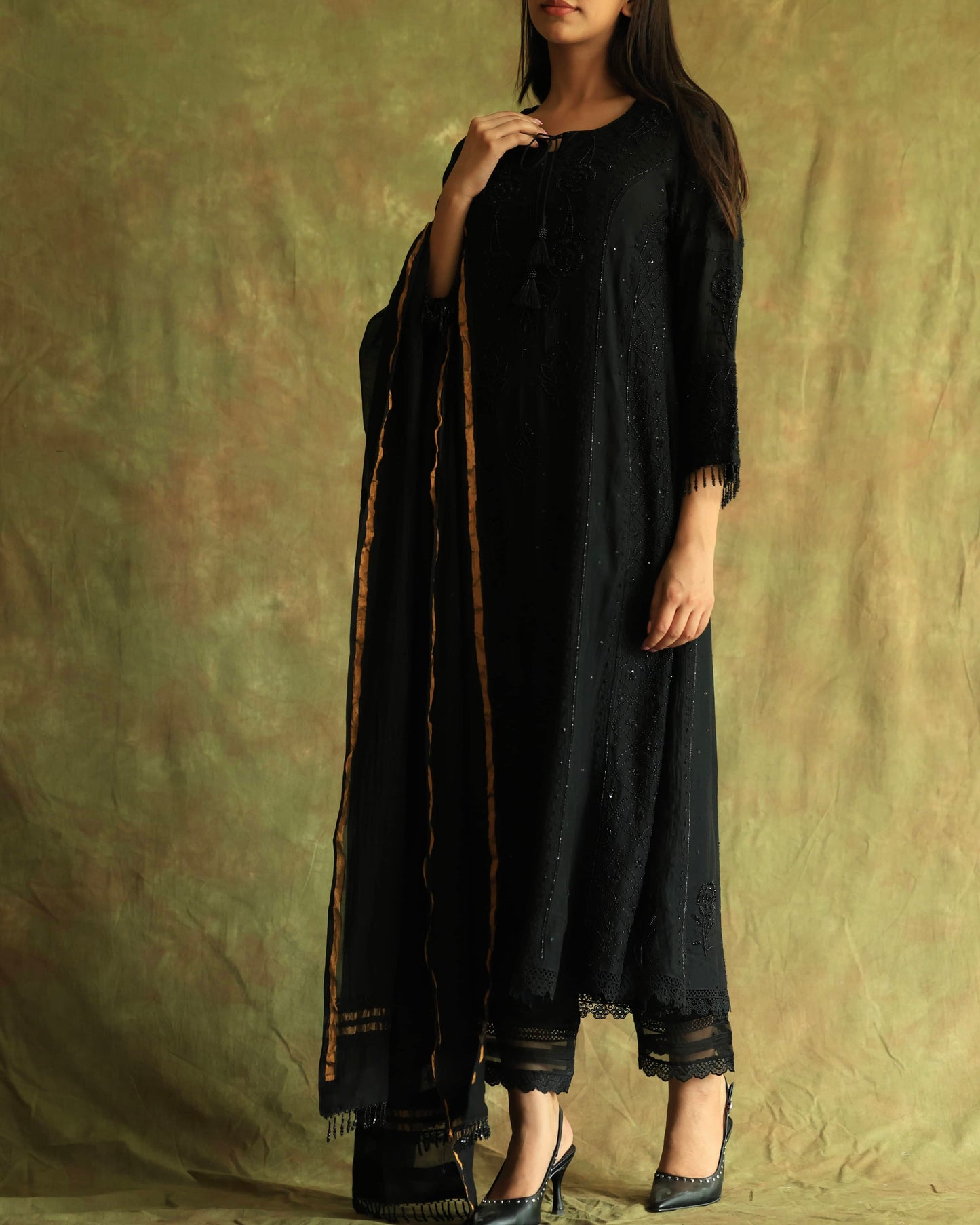 Black Malmal Pearl Work Chikankari A Line Kurta With Dupatta
