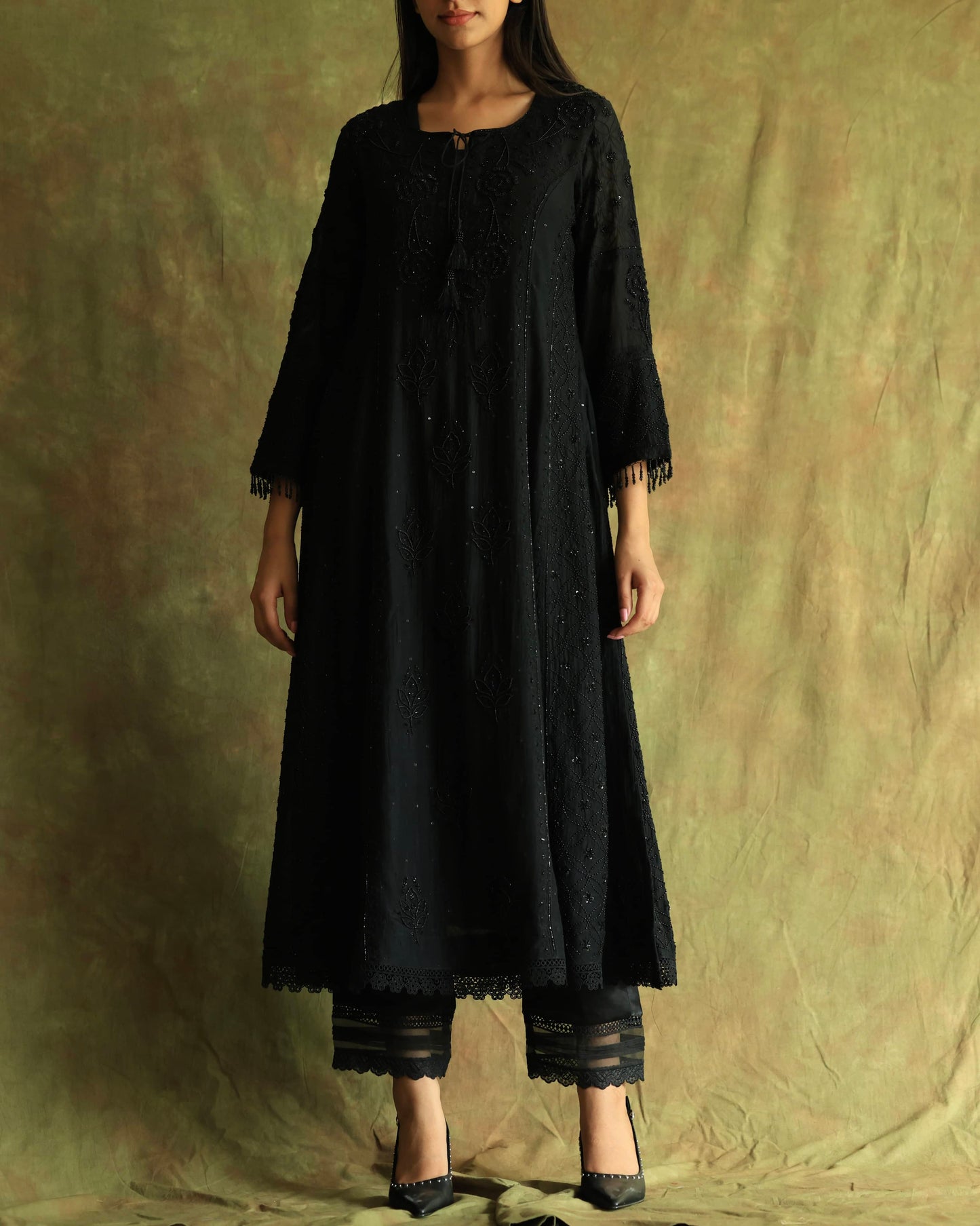 Black Malmal Pearl Work Chikankari A Line Kurta With Dupatta