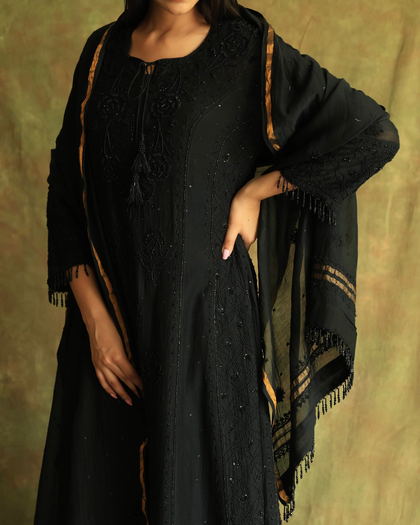Black Malmal Pearl Work Chikankari A Line Kurta With Dupatta