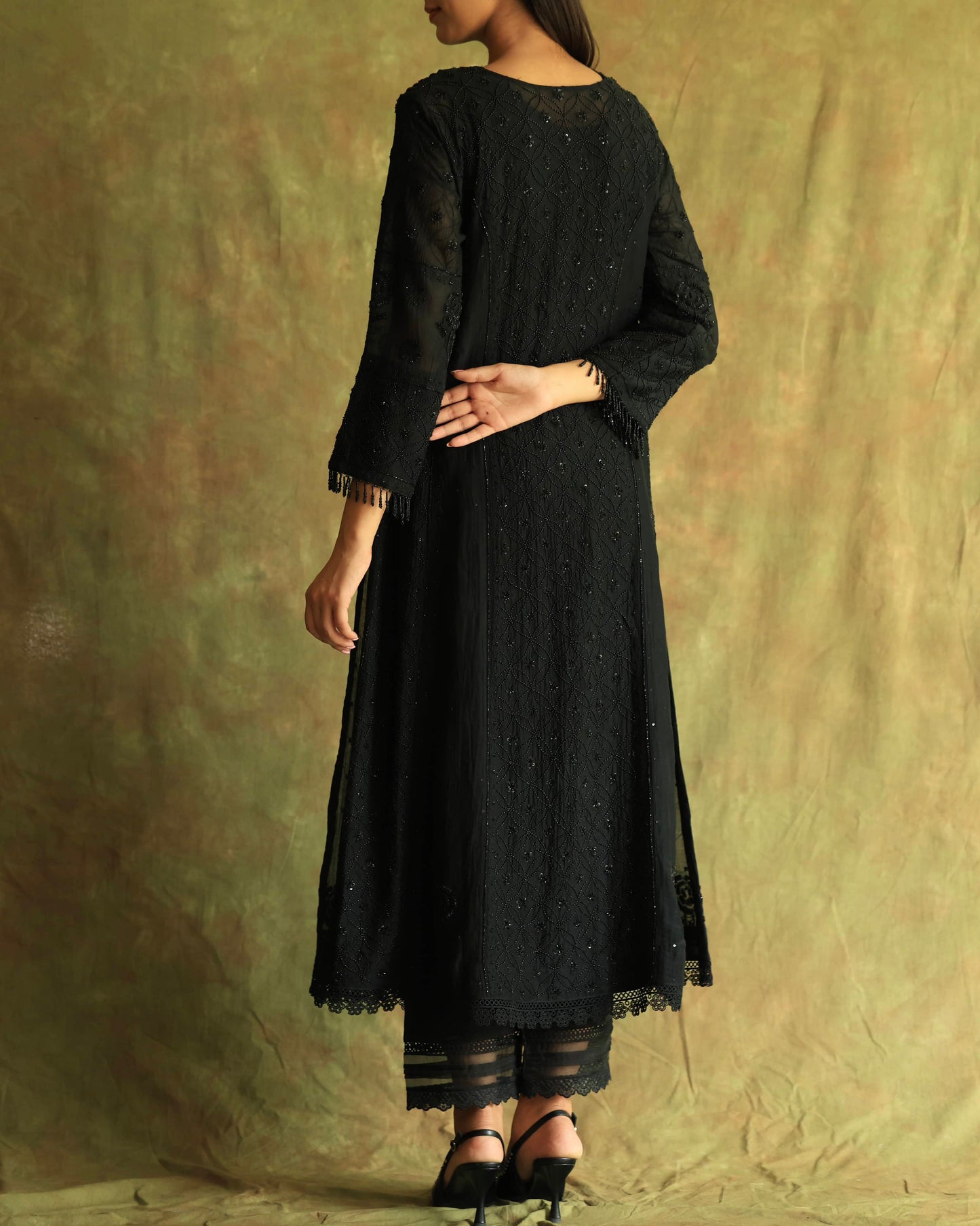 Black Malmal Pearl Work Chikankari A Line Kurta With Dupatta