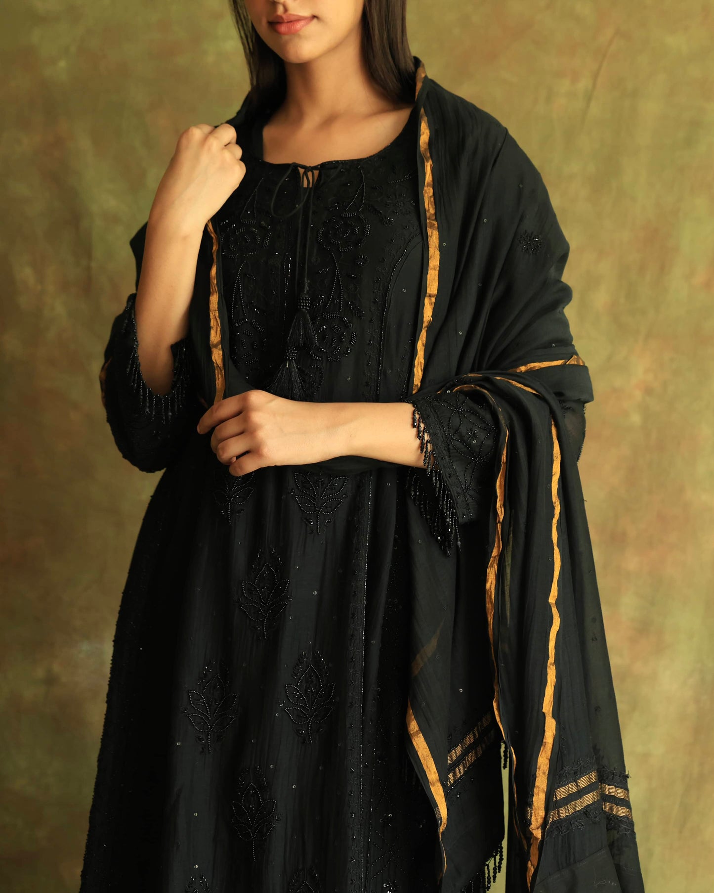 Black Malmal Pearl Work Chikankari A Line Kurta With Dupatta