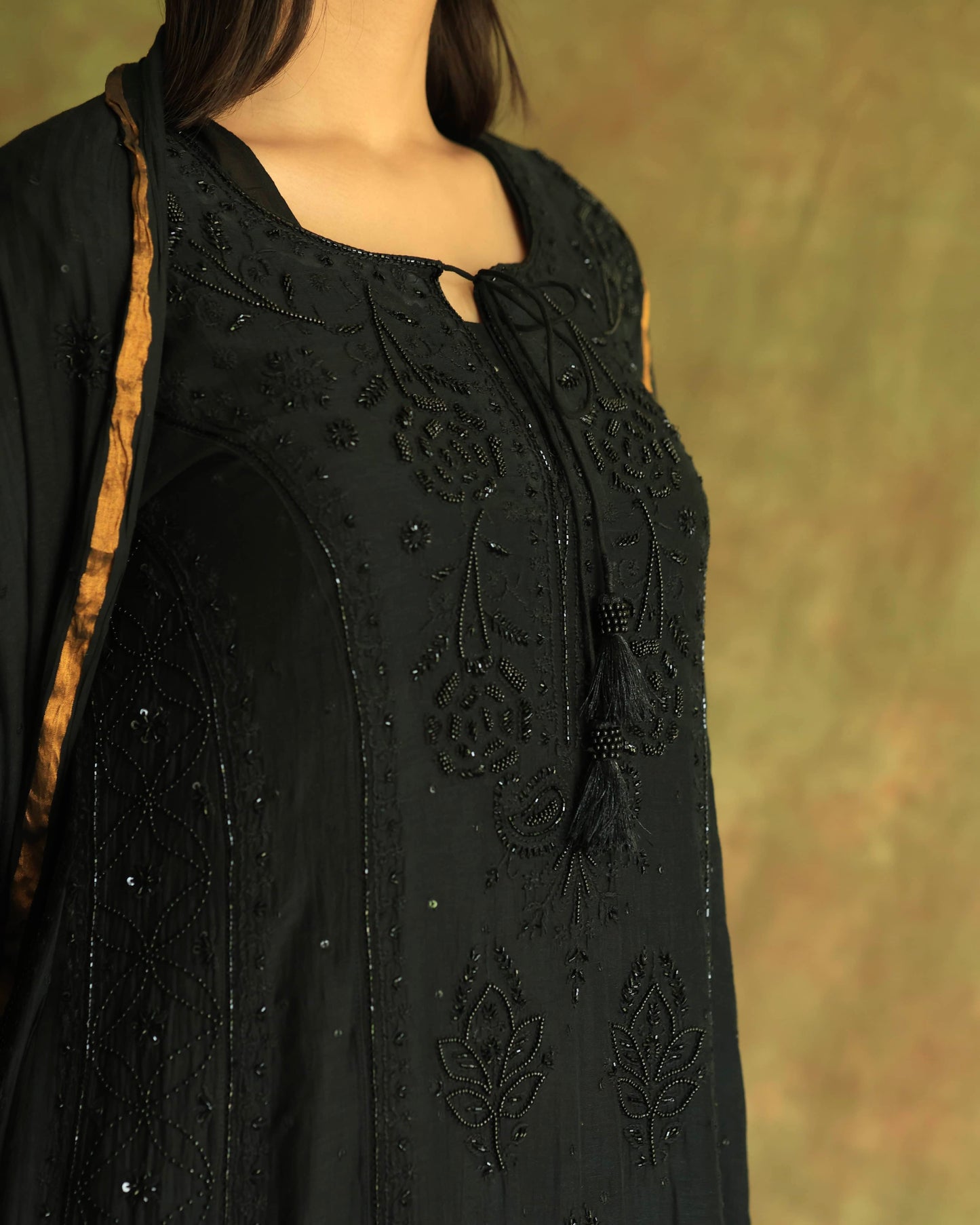 Black Malmal Pearl Work Chikankari A Line Kurta With Dupatta