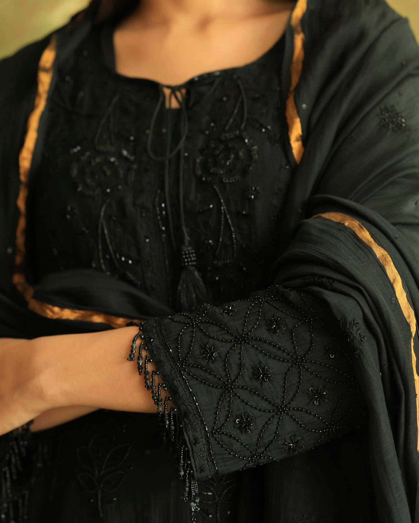 Black Malmal Pearl Work Chikankari A Line Kurta With Dupatta