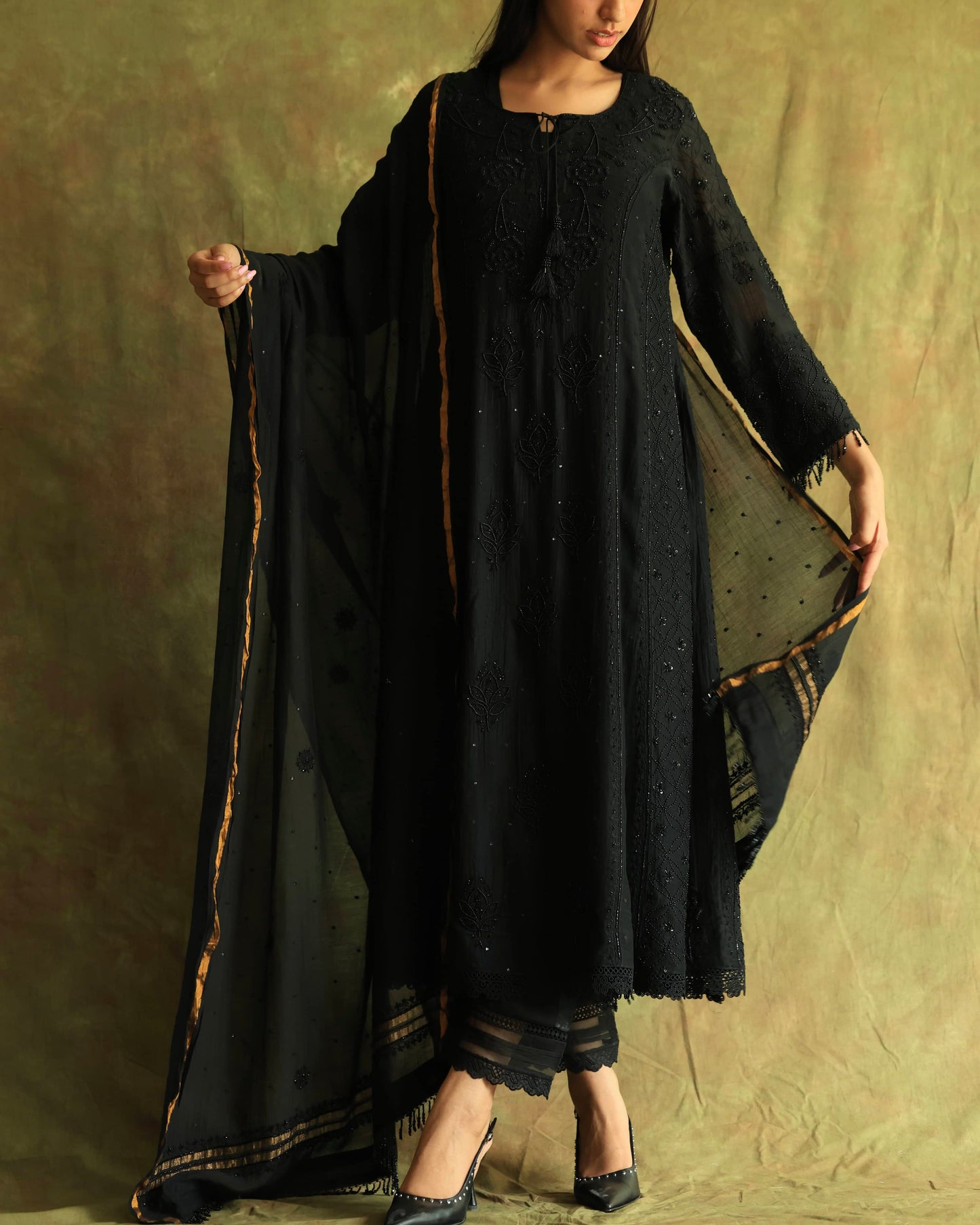 Black Malmal Pearl Work Chikankari A Line Kurta With Dupatta