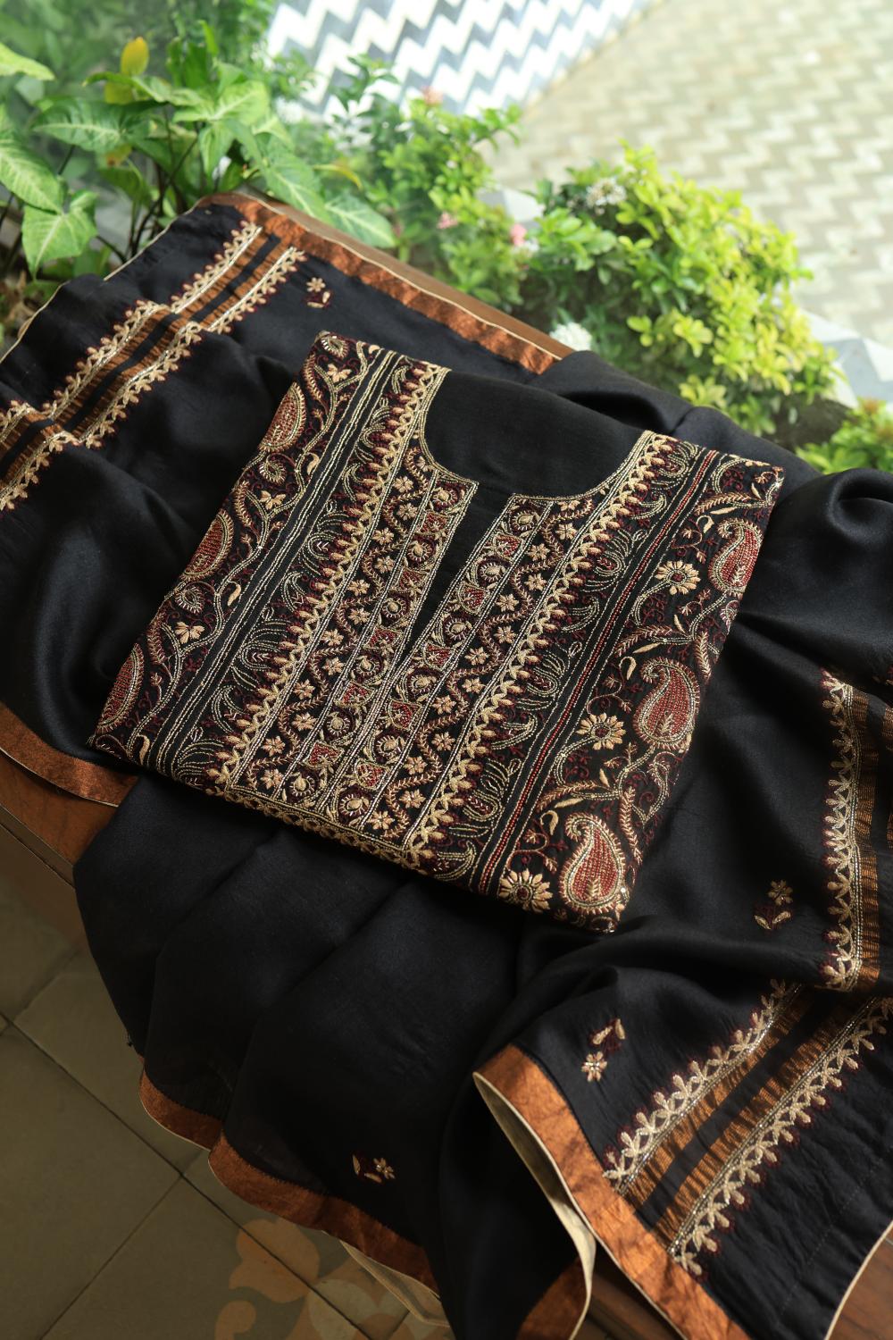 Black Moonga Silk Chikankari Unstitched Fabric