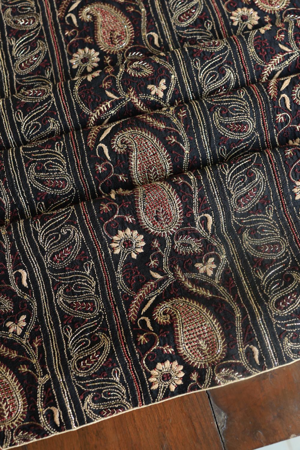 Black Moonga Silk Chikankari Unstitched Fabric