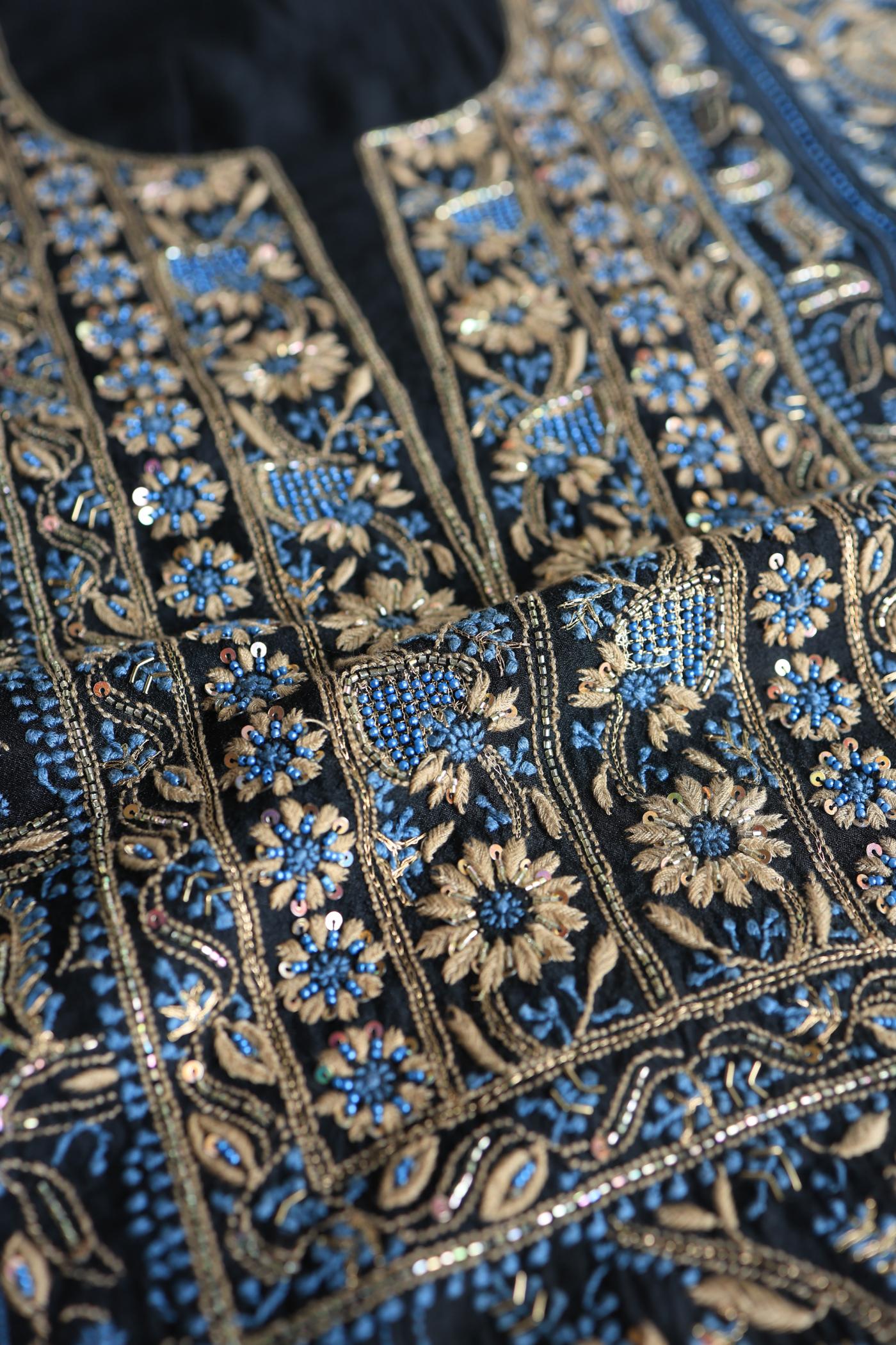 Black Moonga Silk Chikankari Unstitched Fabric