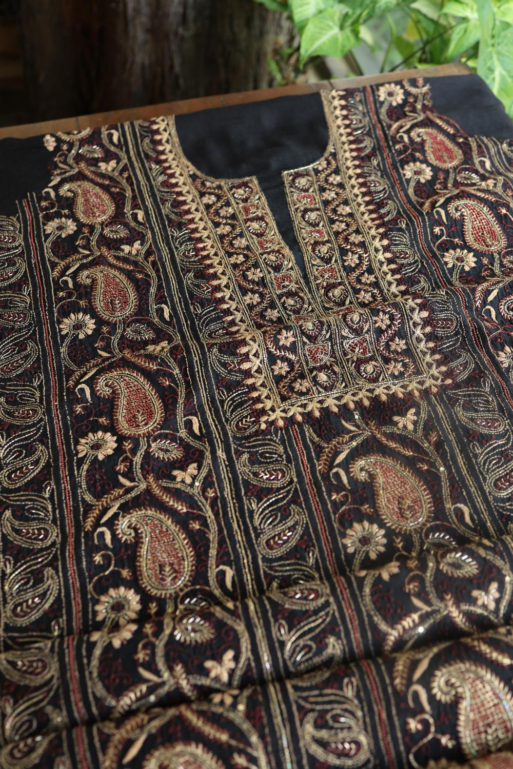 Black Moonga Silk Chikankari Unstitched Fabric