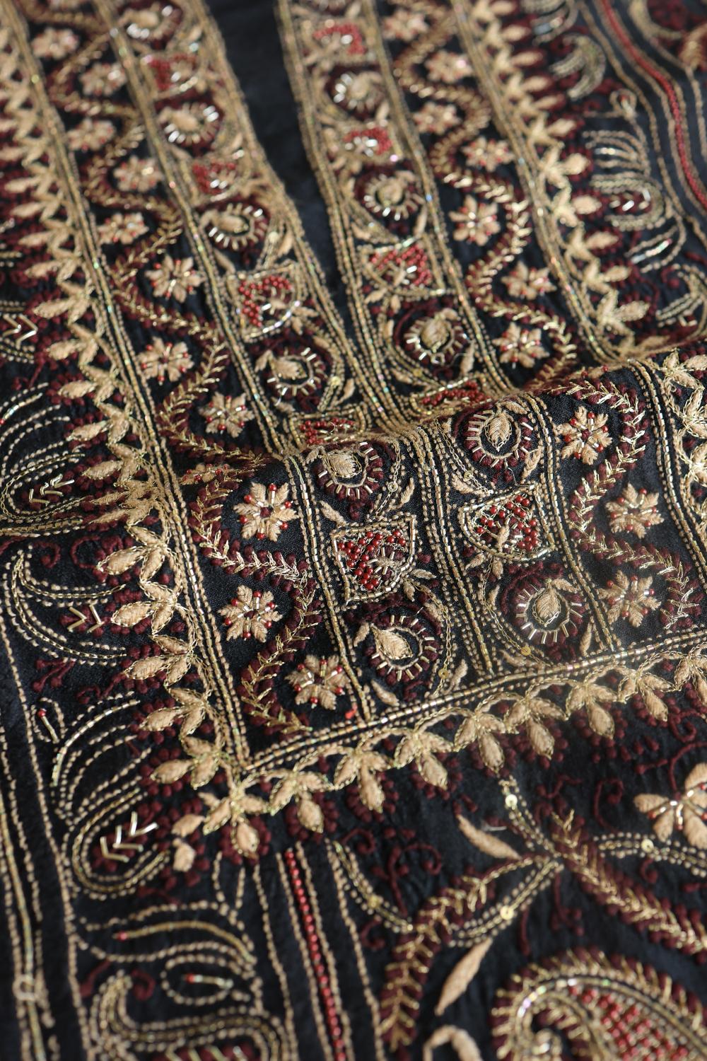 Black Moonga Silk Chikankari Unstitched Fabric