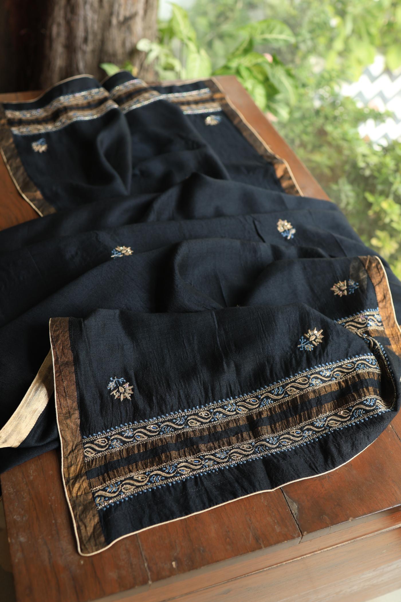 Black Moonga Silk Chikankari Unstitched Fabric