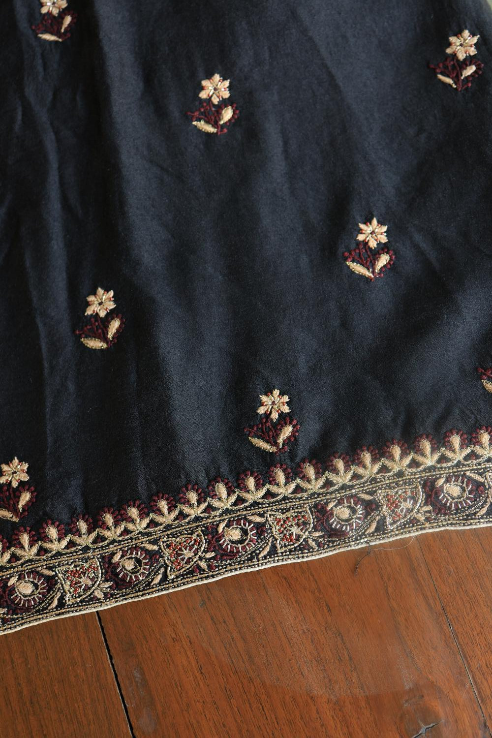 Black Moonga Silk Chikankari Unstitched Fabric