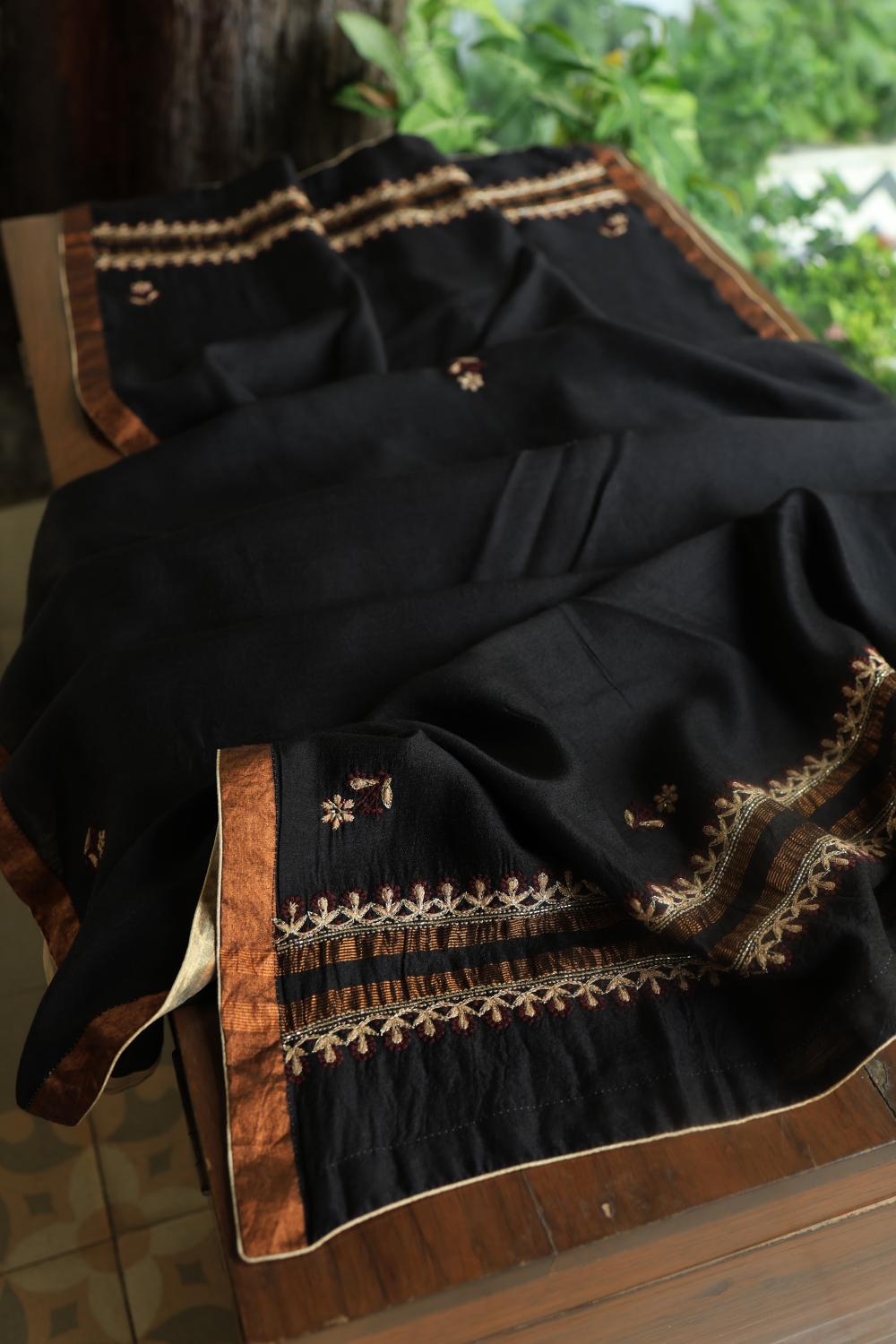 Black Moonga Silk Chikankari Unstitched Fabric