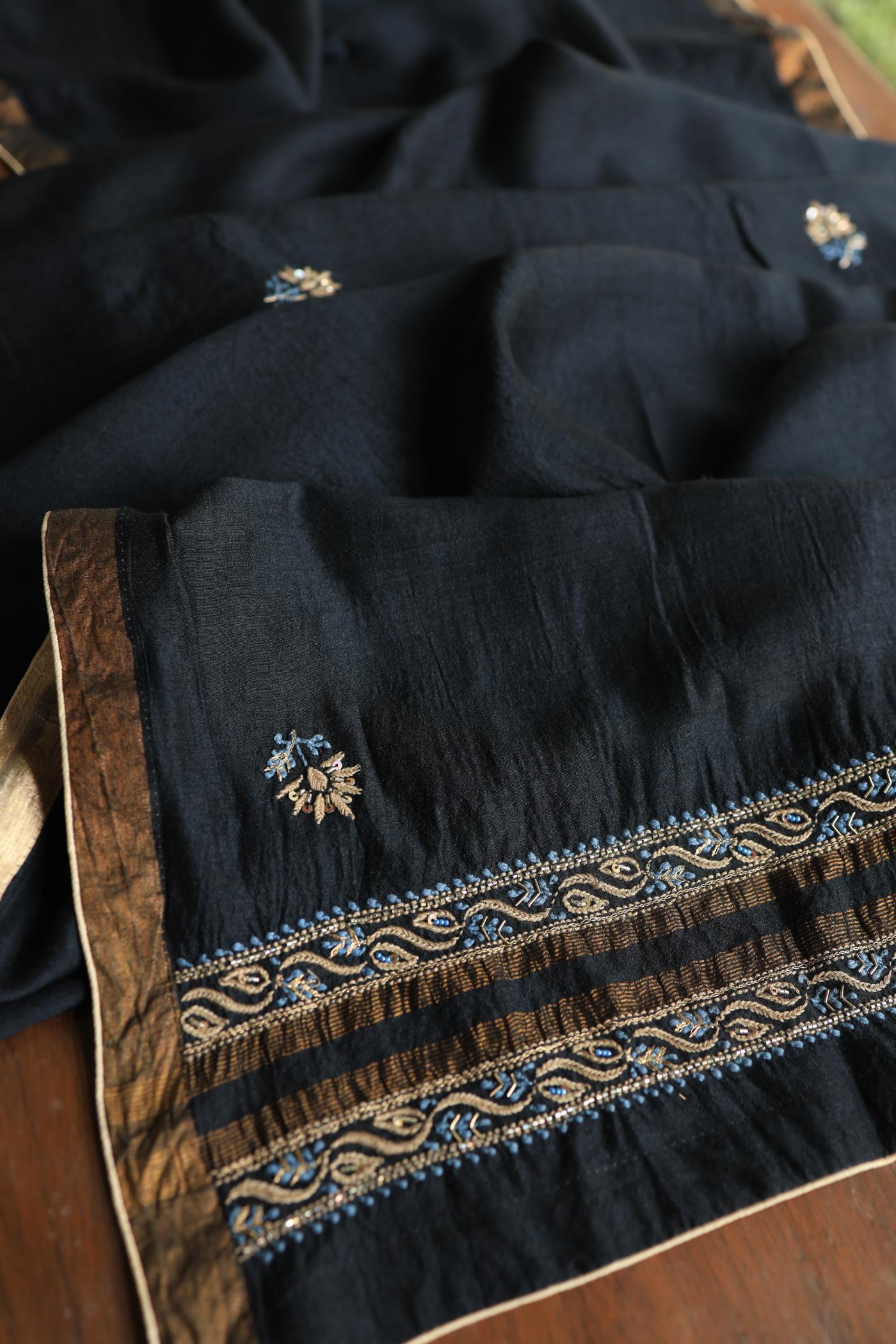 Black Moonga Silk Chikankari Unstitched Fabric