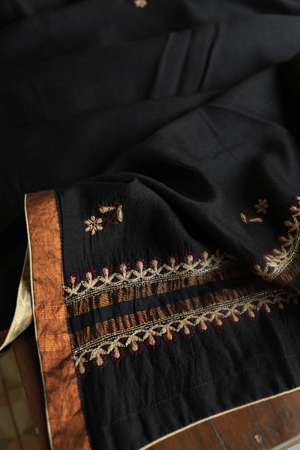Black Moonga Silk Chikankari Unstitched Fabric