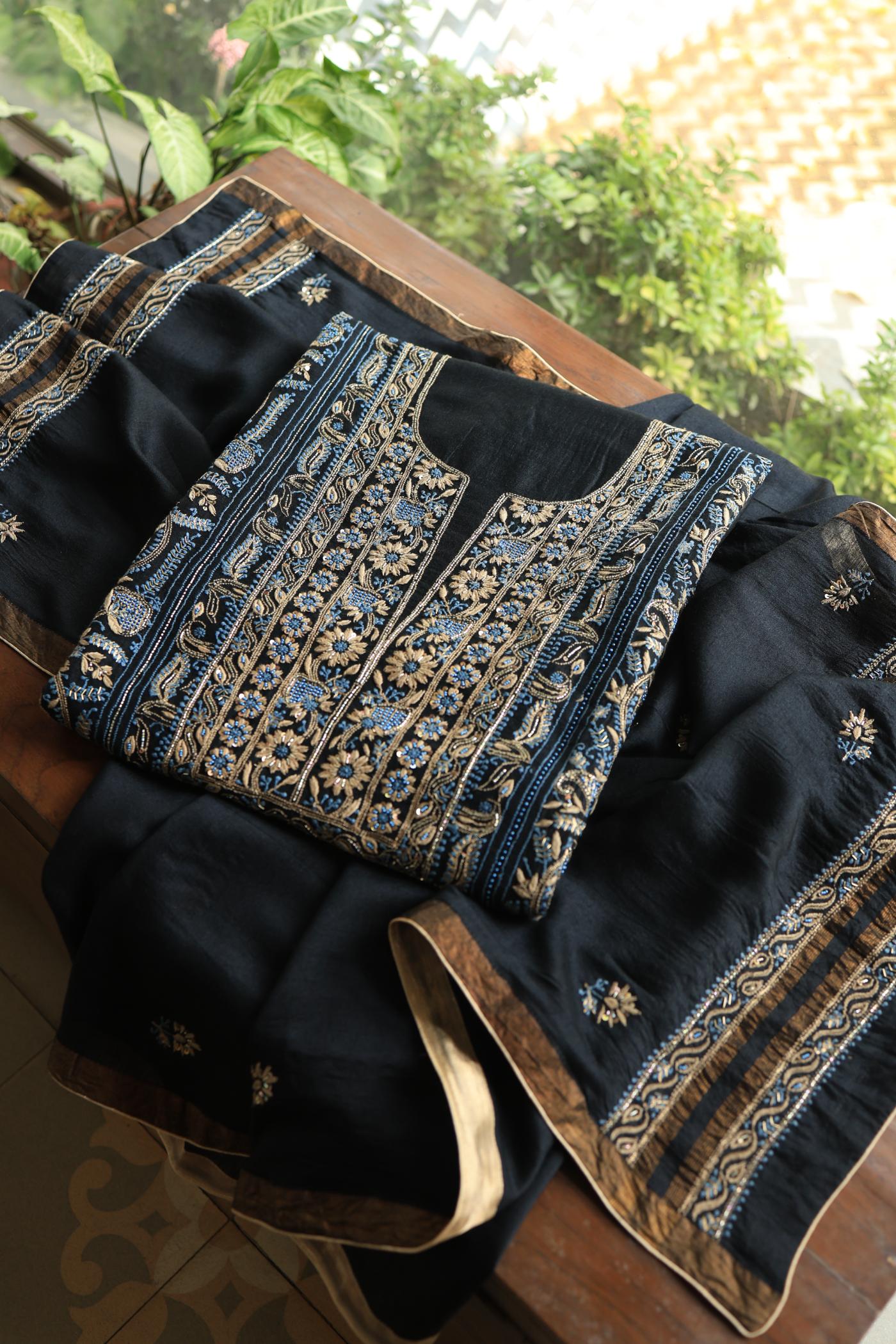 Black Moonga Silk Chikankari Unstitched Fabric