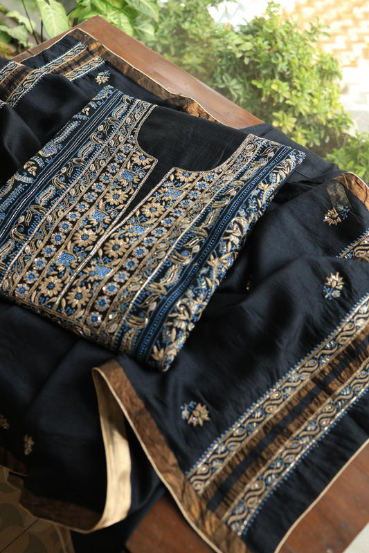 Black Moonga Silk Chikankari Unstitched Fabric