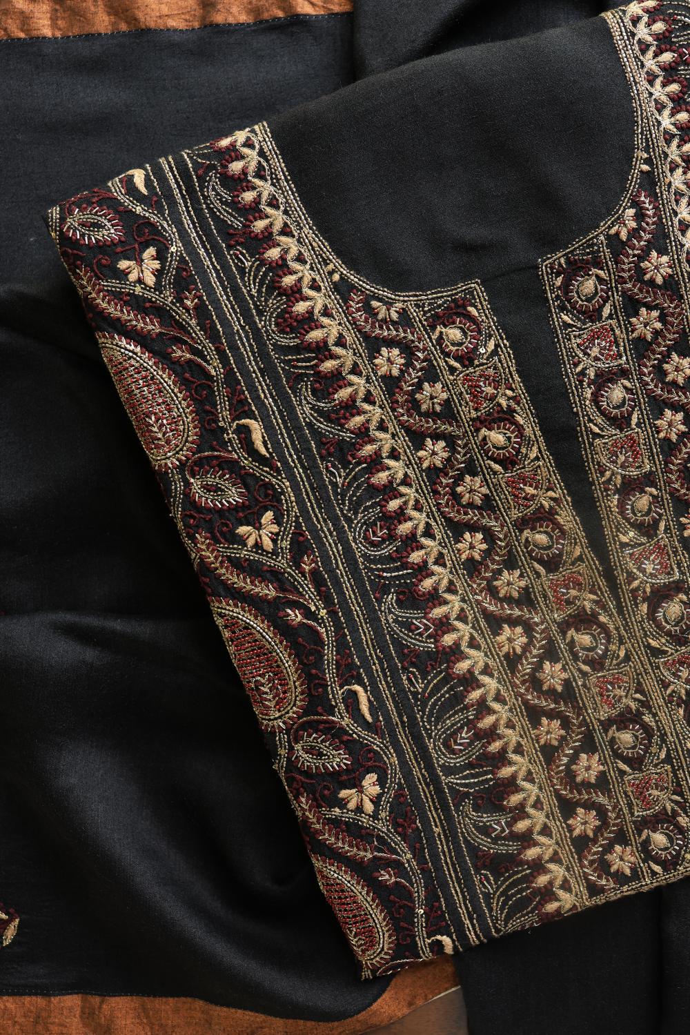 Black Moonga Silk Chikankari Unstitched Fabric