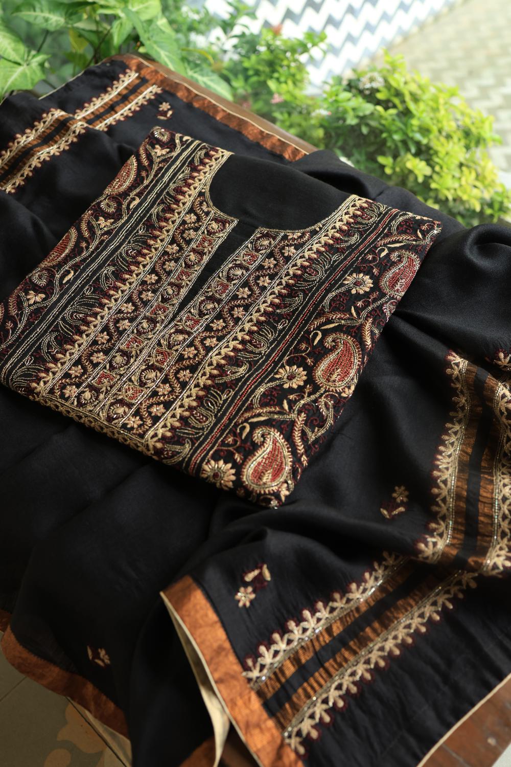 Black Moonga Silk Chikankari Unstitched Fabric