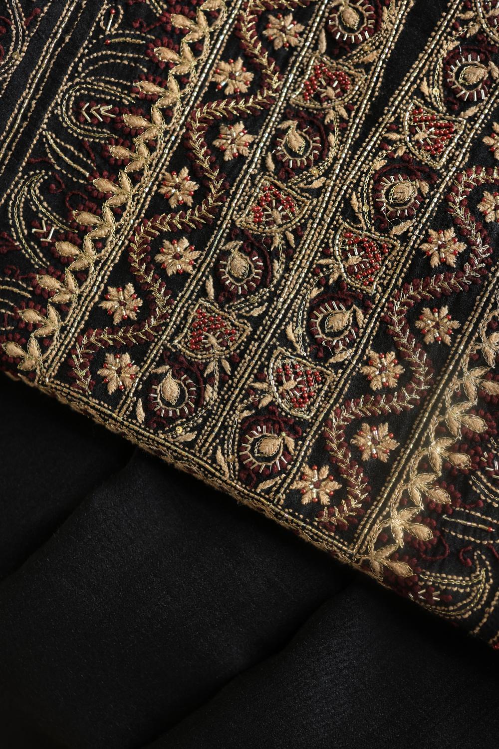 Black Moonga Silk Chikankari Unstitched Fabric