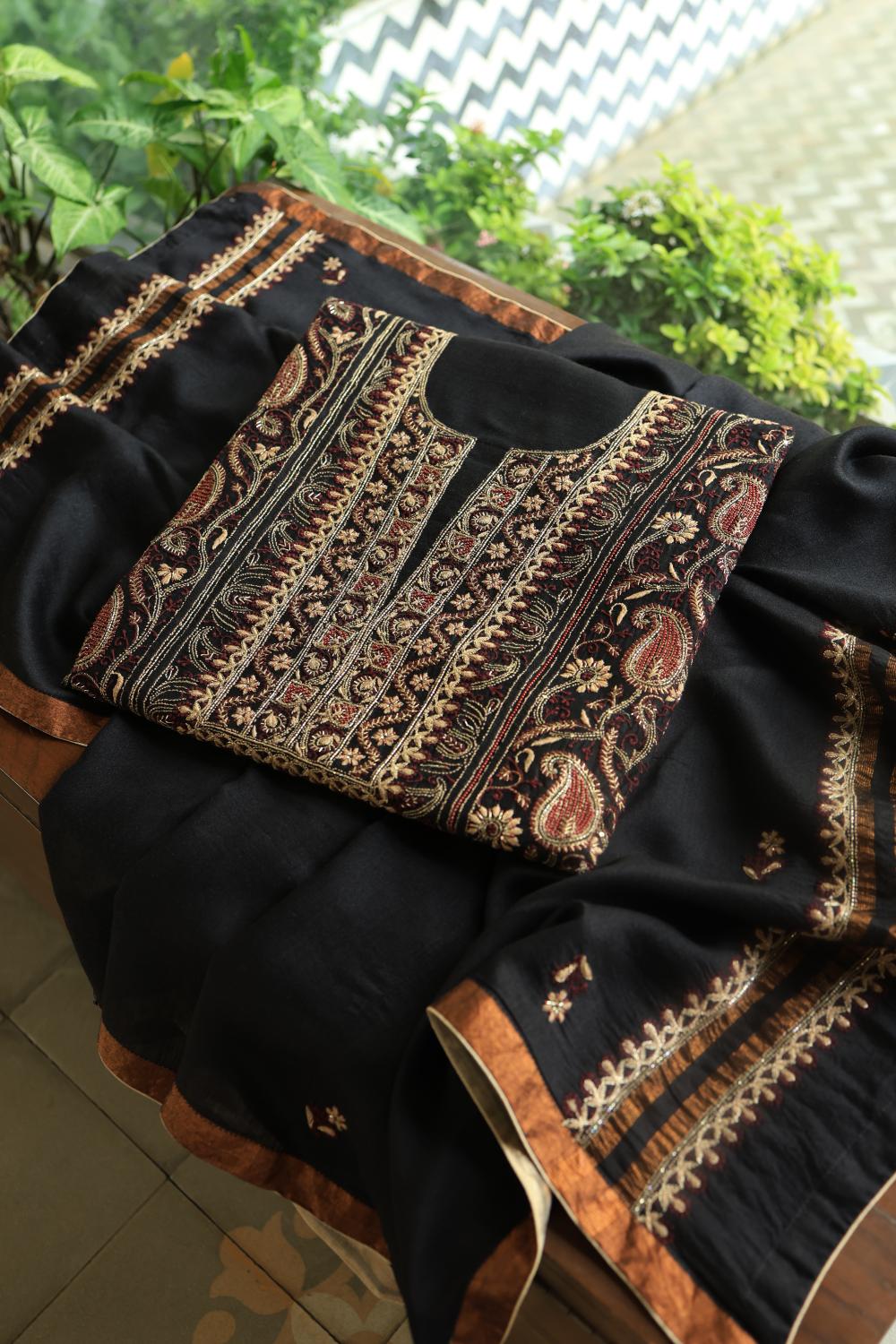 Black Moonga Silk Chikankari Unstitched Fabric