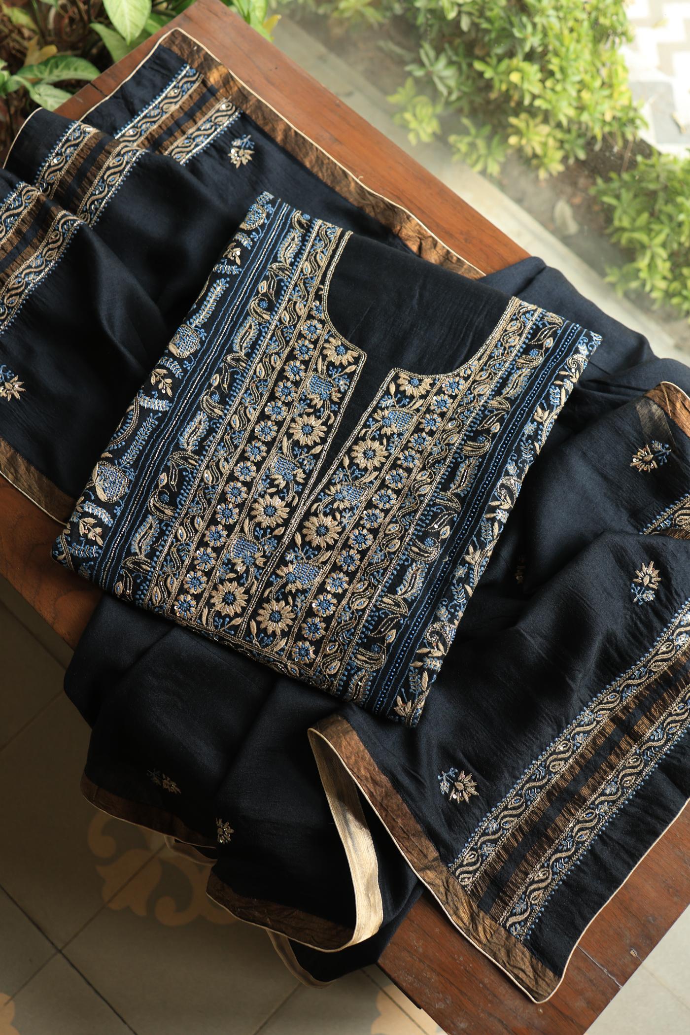 Black Moonga Silk Chikankari Unstitched Fabric