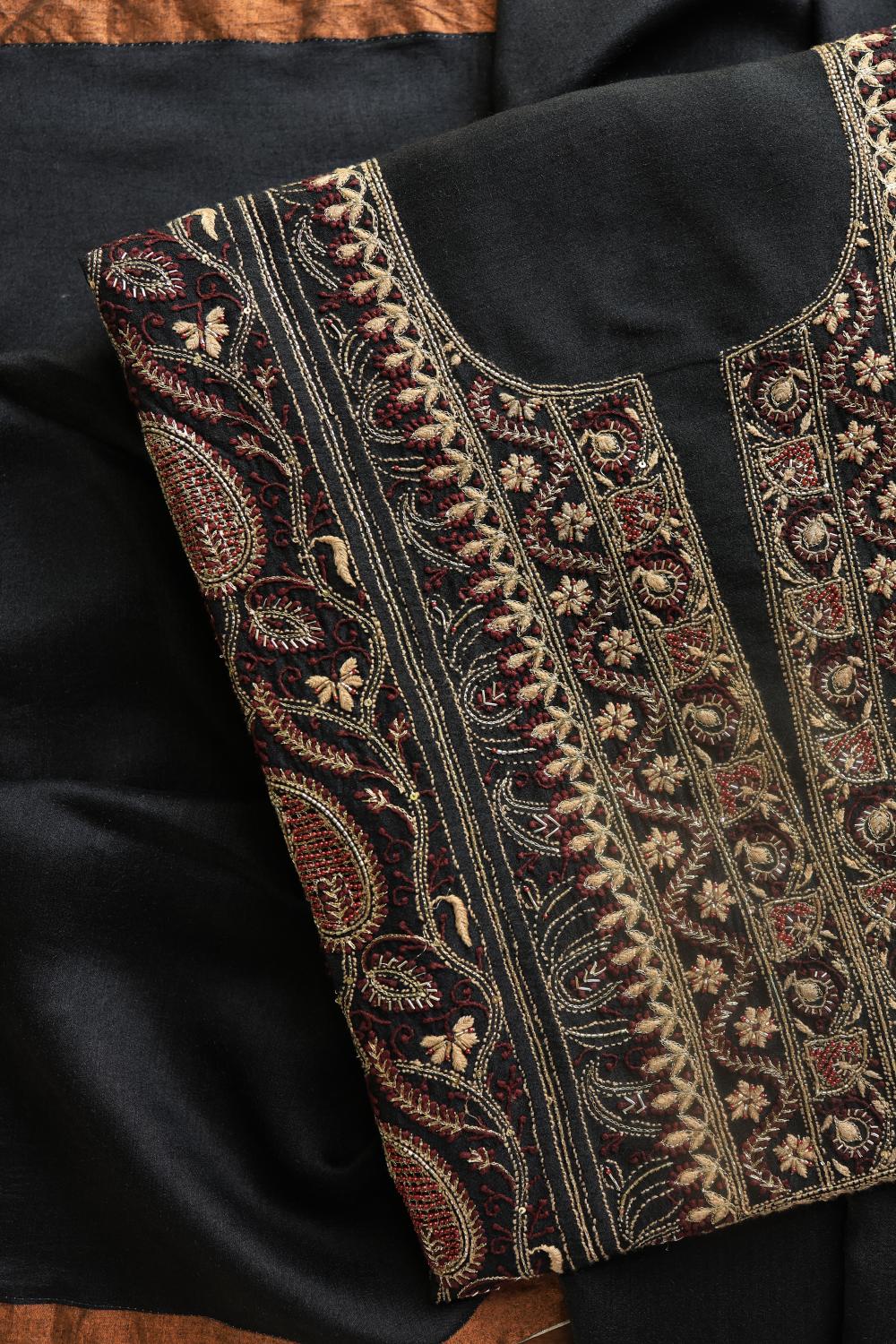 Black Moonga Silk Chikankari Unstitched Fabric