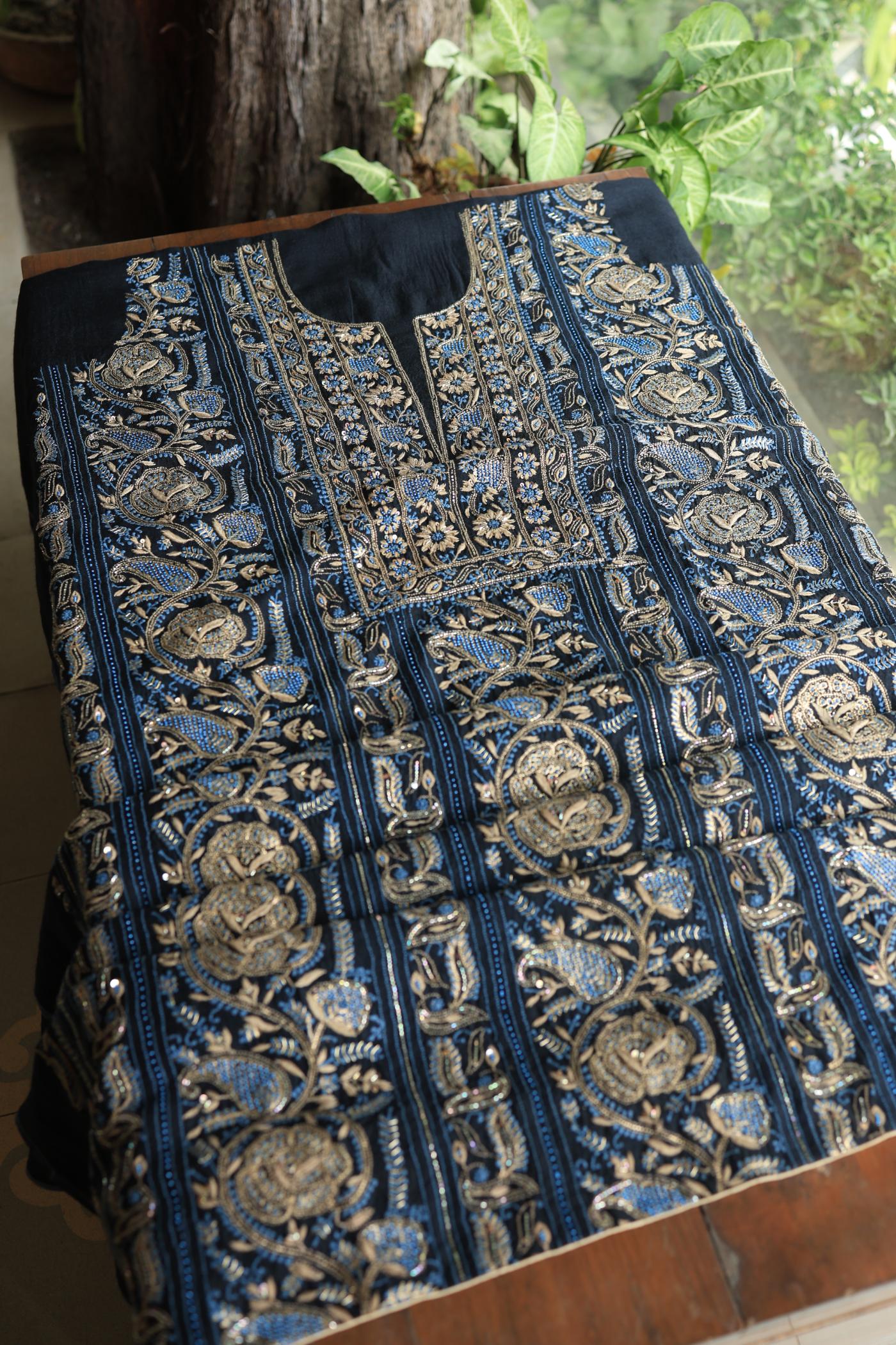 Black Moonga Silk Chikankari Unstitched Fabric
