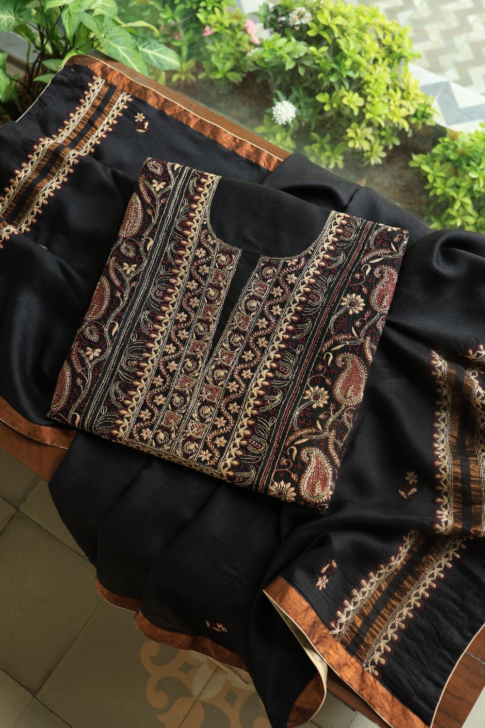 Black Moonga Silk Chikankari Unstitched Fabric