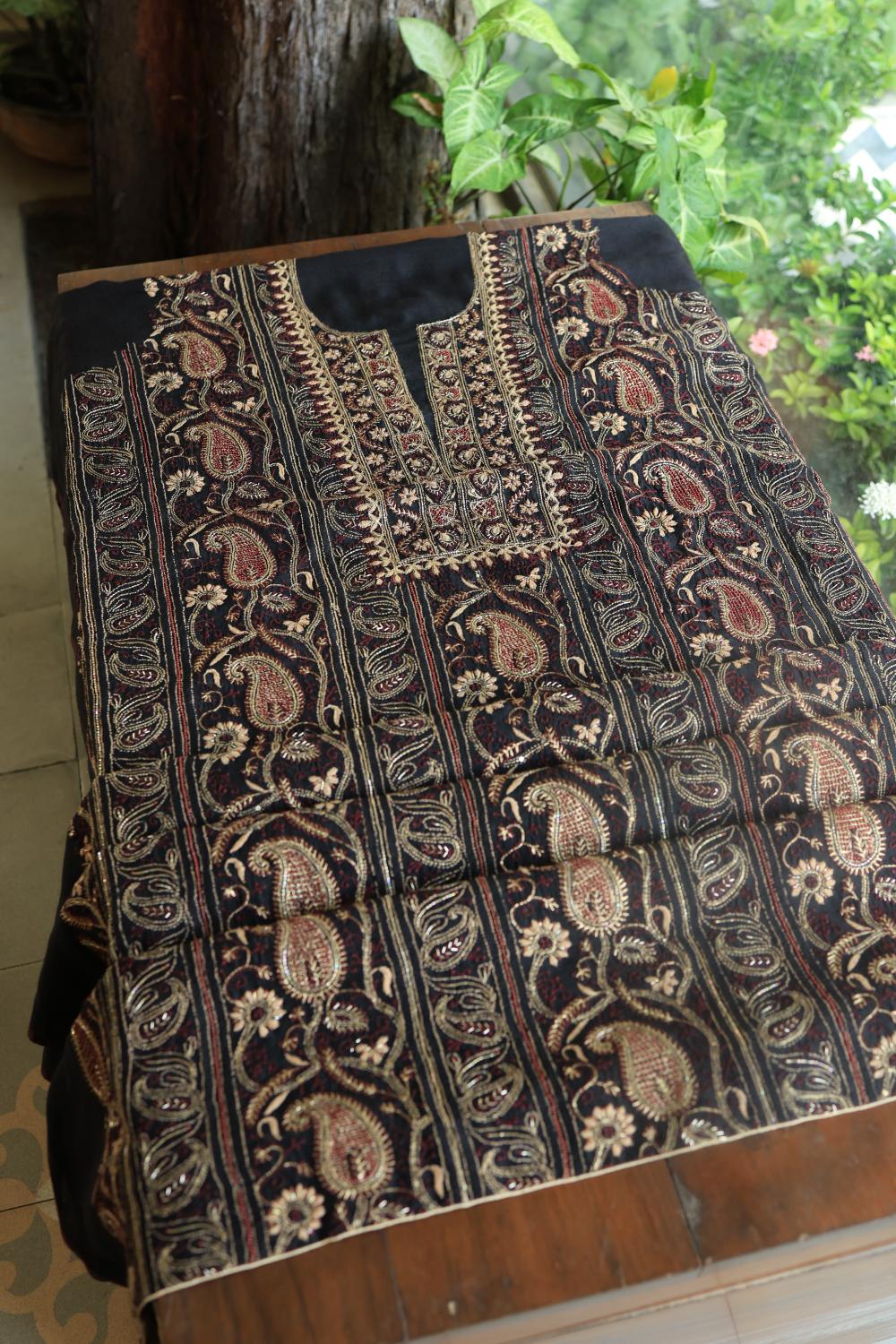 Black Moonga Silk Chikankari Unstitched Fabric