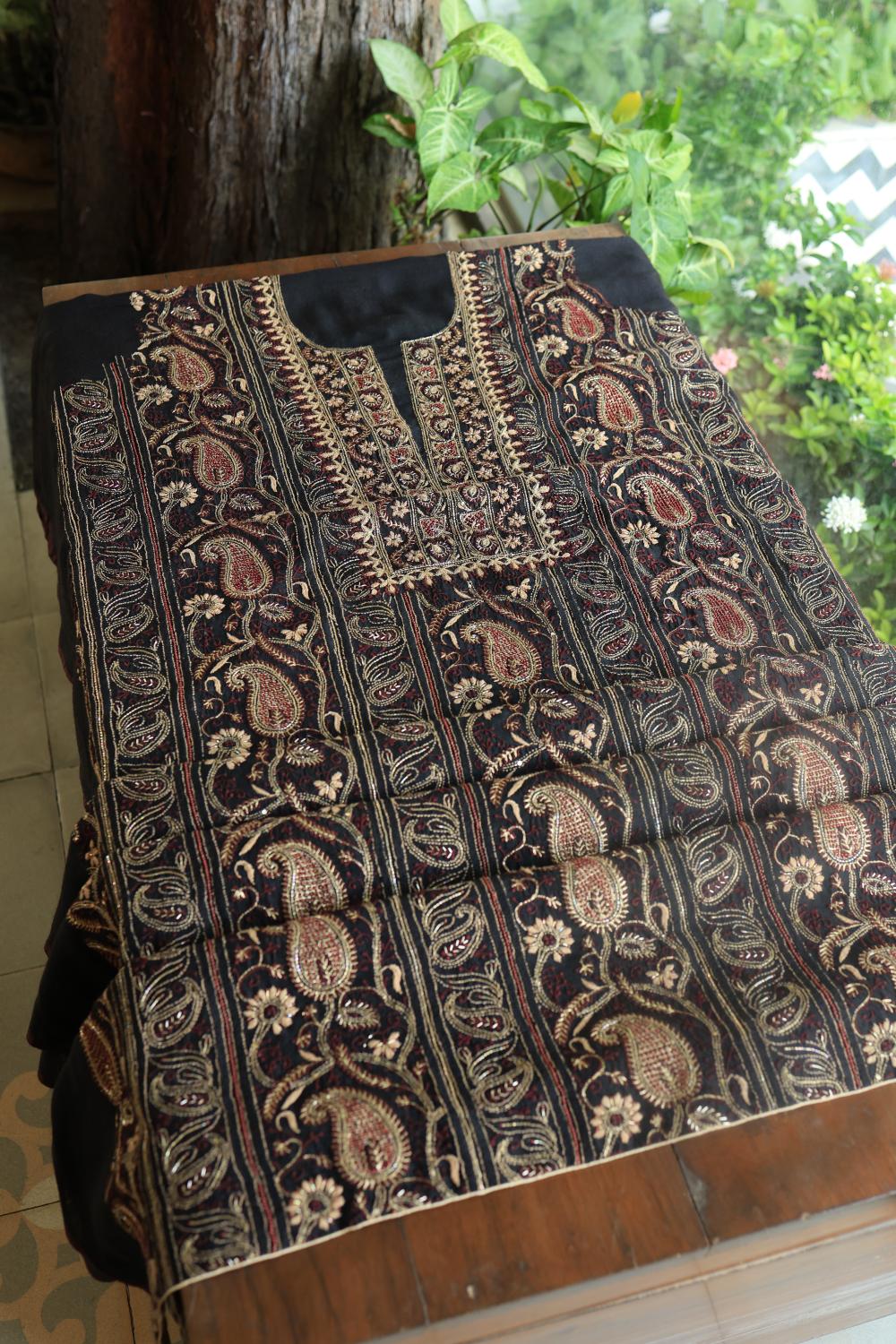 Black Moonga Silk Chikankari Unstitched Fabric