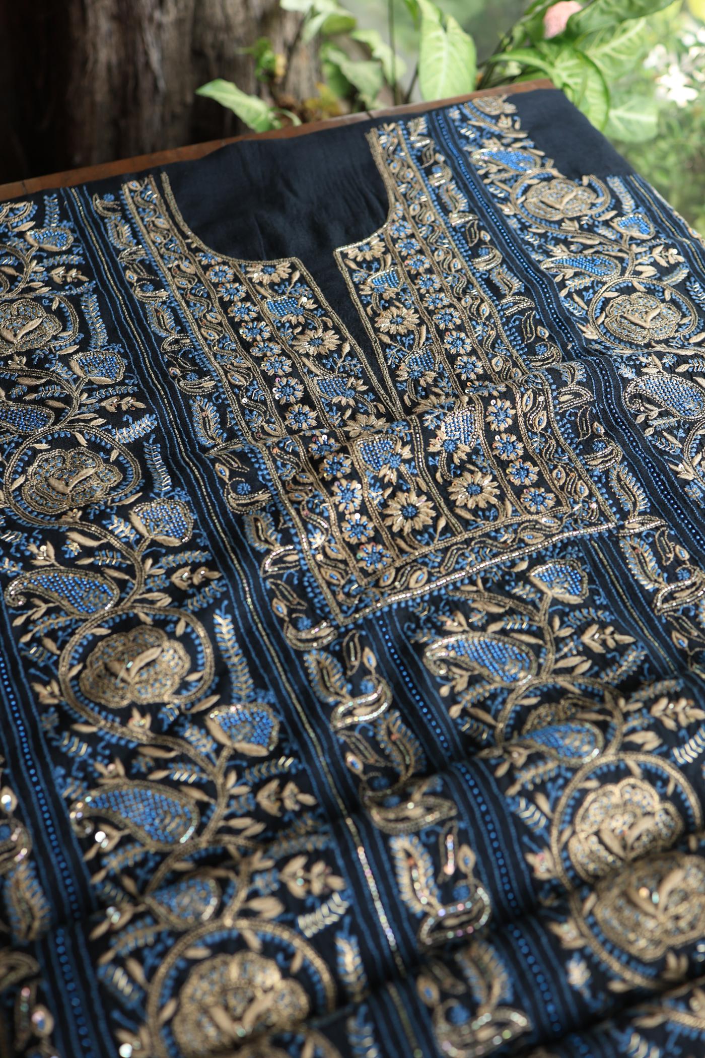 Black Moonga Silk Chikankari Unstitched Fabric