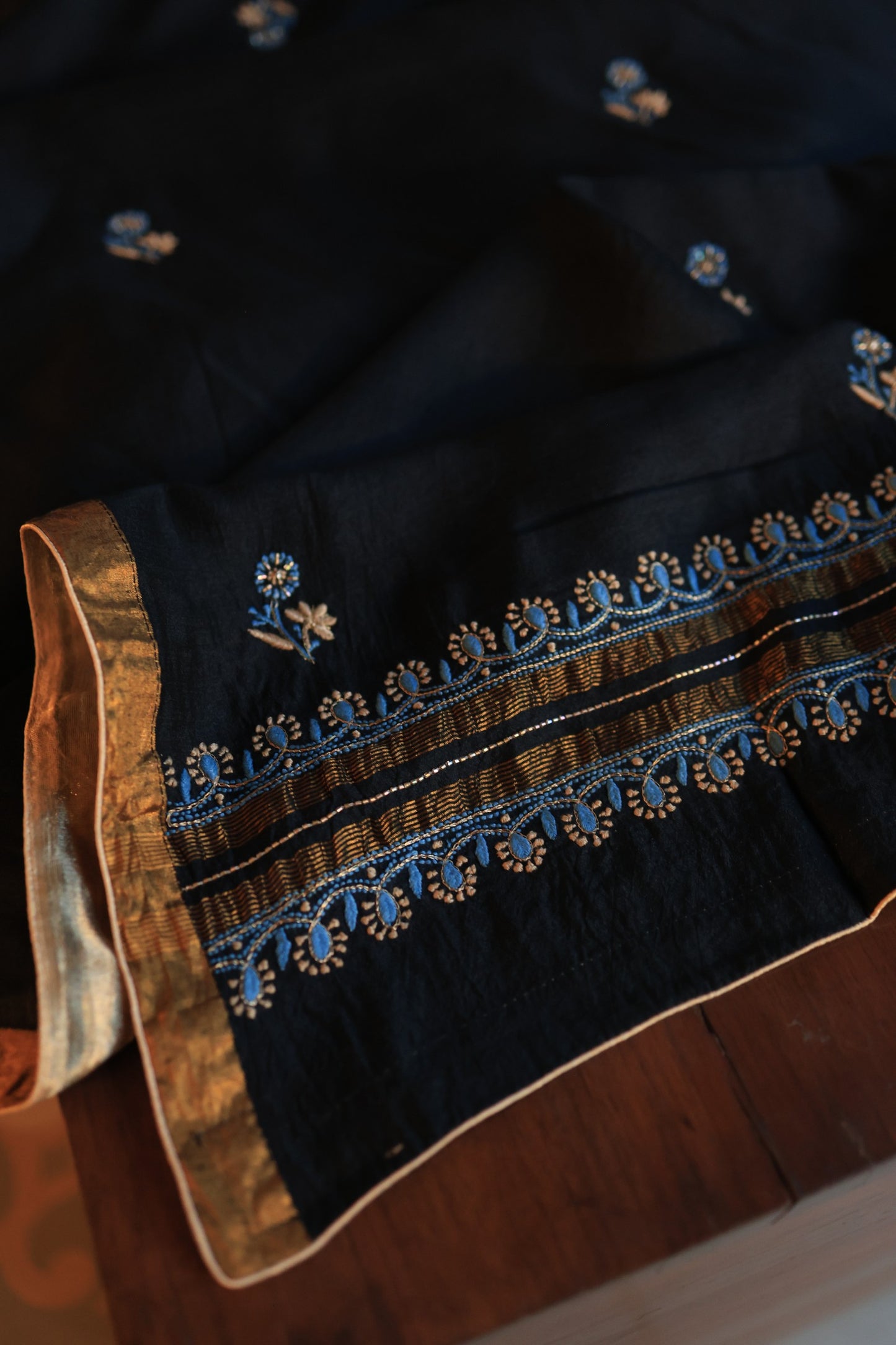 Black Moonga Silk Chikankari Unstitched Fabrics