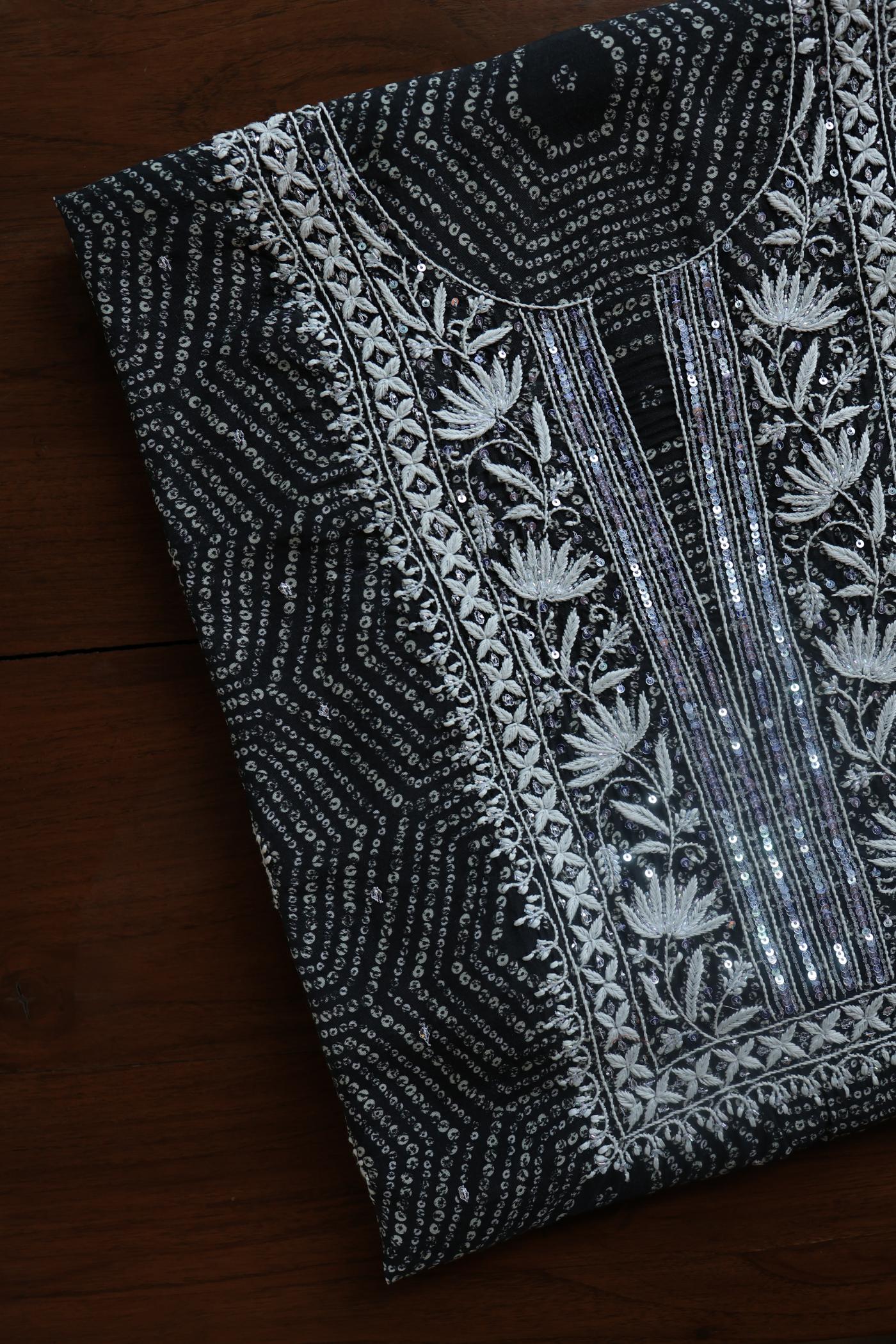 Black Muslin Chikankari Unstitched Kurta Fabric