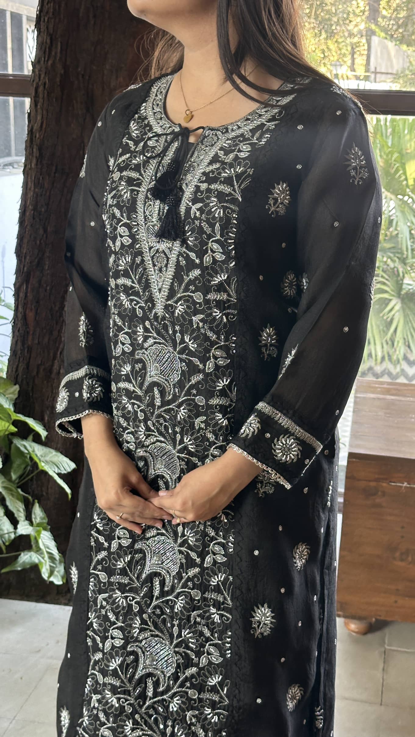 Black Noor Organza Silk Chikankari Straight Cut Kurta Dupatta Set