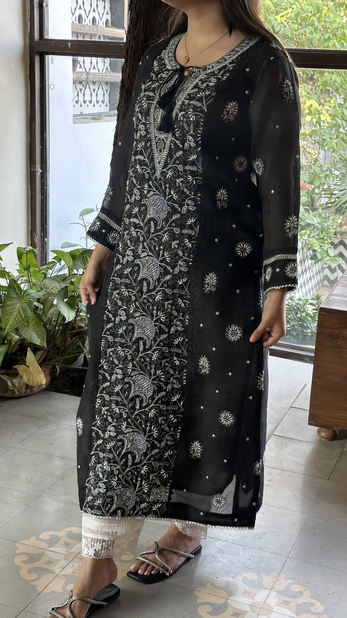 Black Noor Organza Silk Chikankari Straight Cut Kurta Dupatta Set
