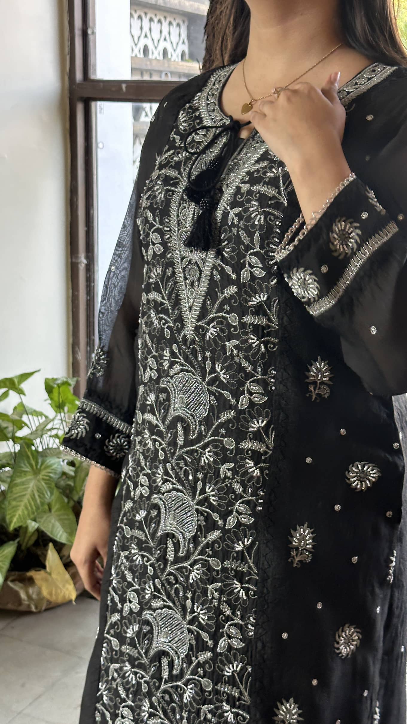Black Noor Organza Silk Chikankari Straight Cut Kurta Dupatta Set
