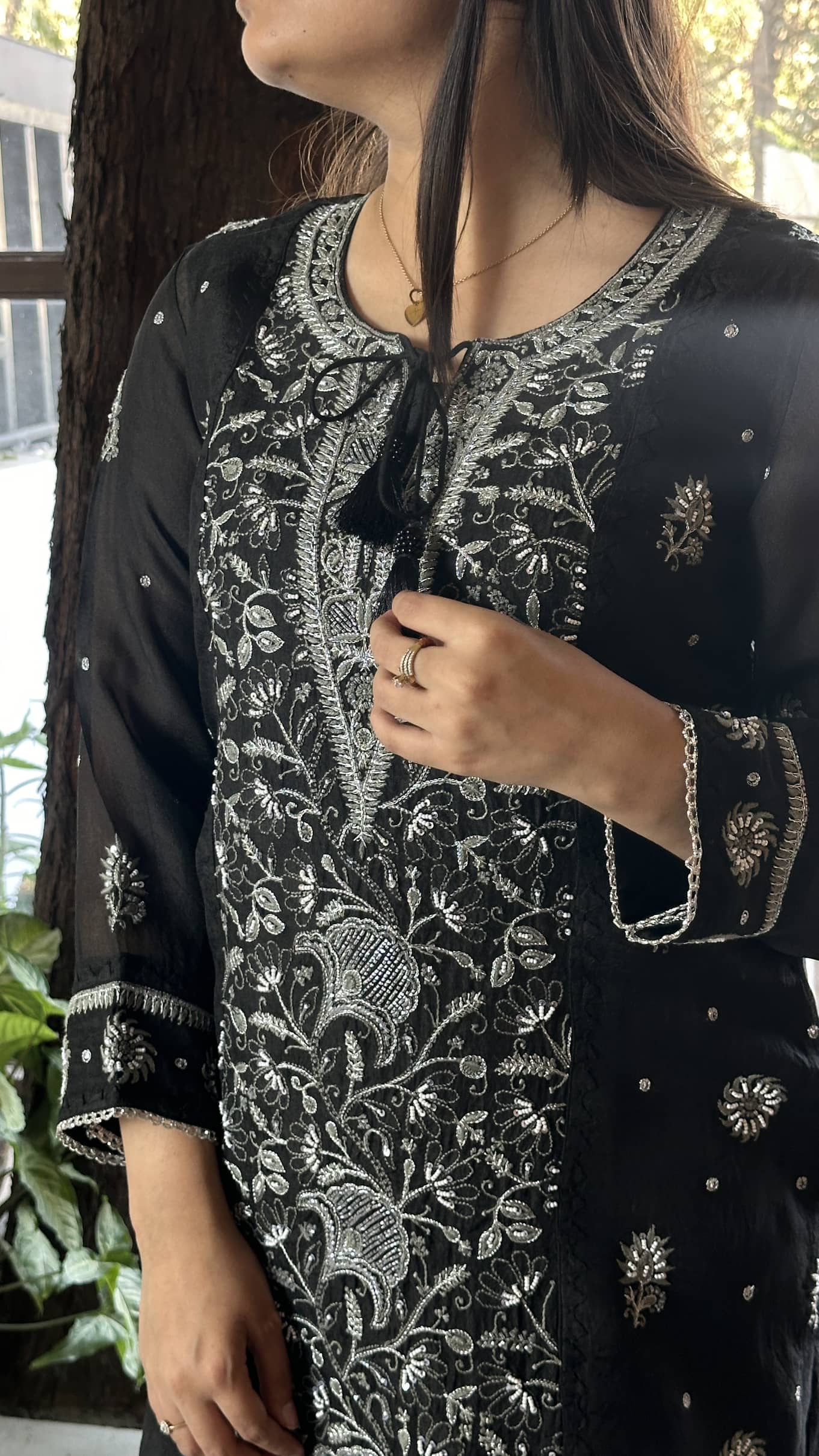 Black Noor Organza Silk Chikankari Straight Cut Kurta Dupatta Set