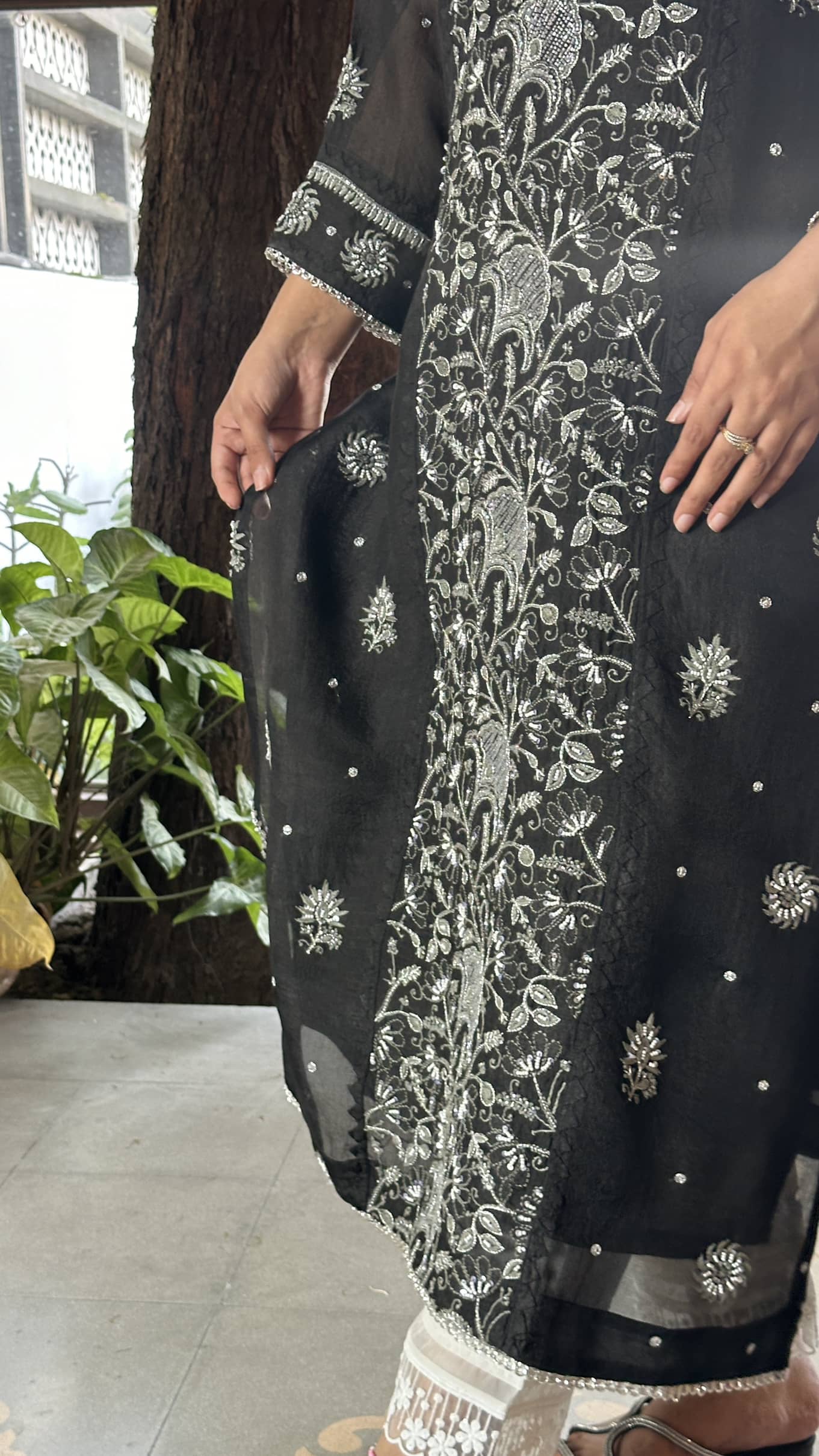 Black Noor Organza Silk Chikankari Straight Cut Kurta Dupatta Set