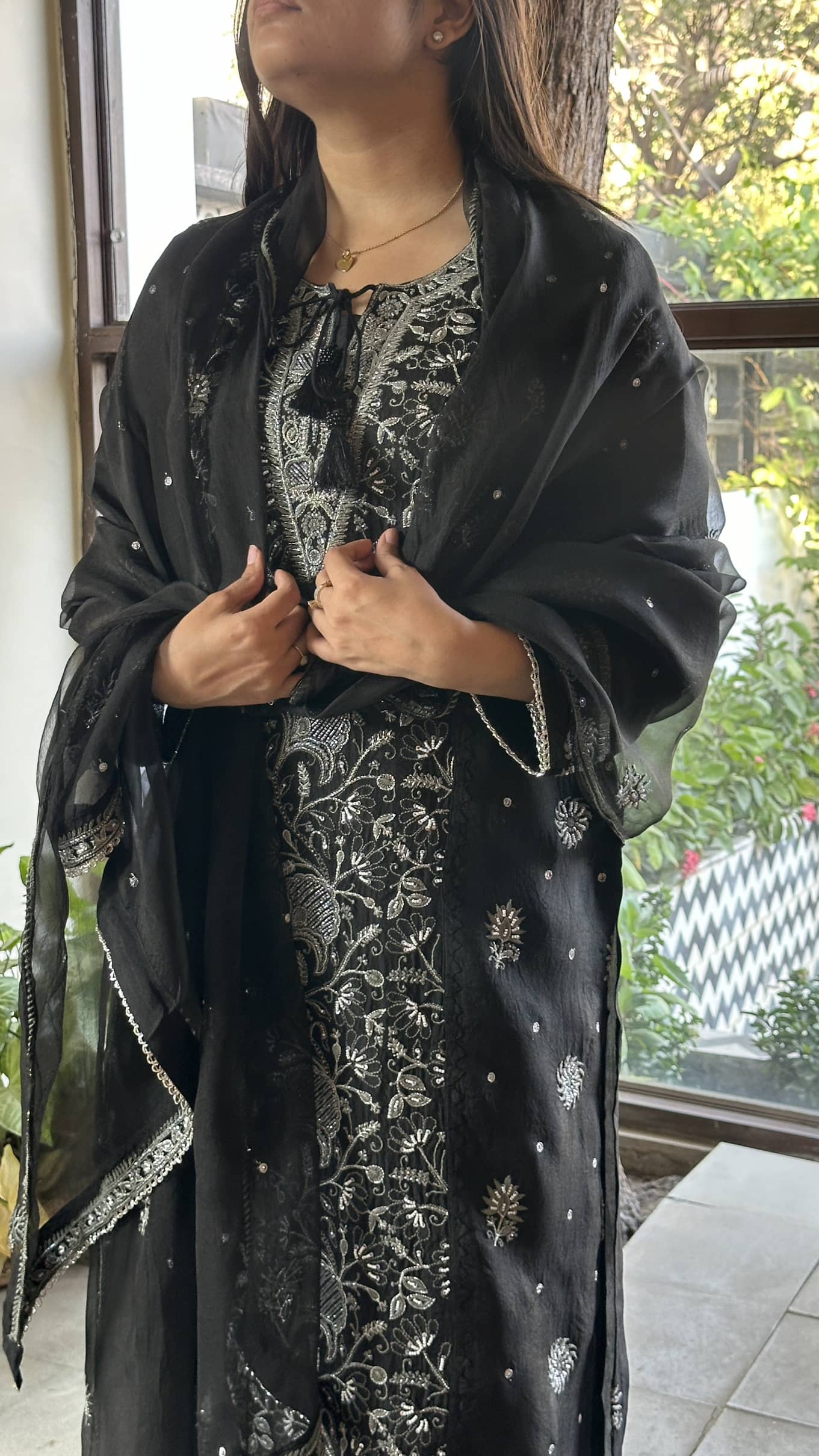 Black Noor Organza Silk Chikankari Straight Cut Kurta Dupatta Set