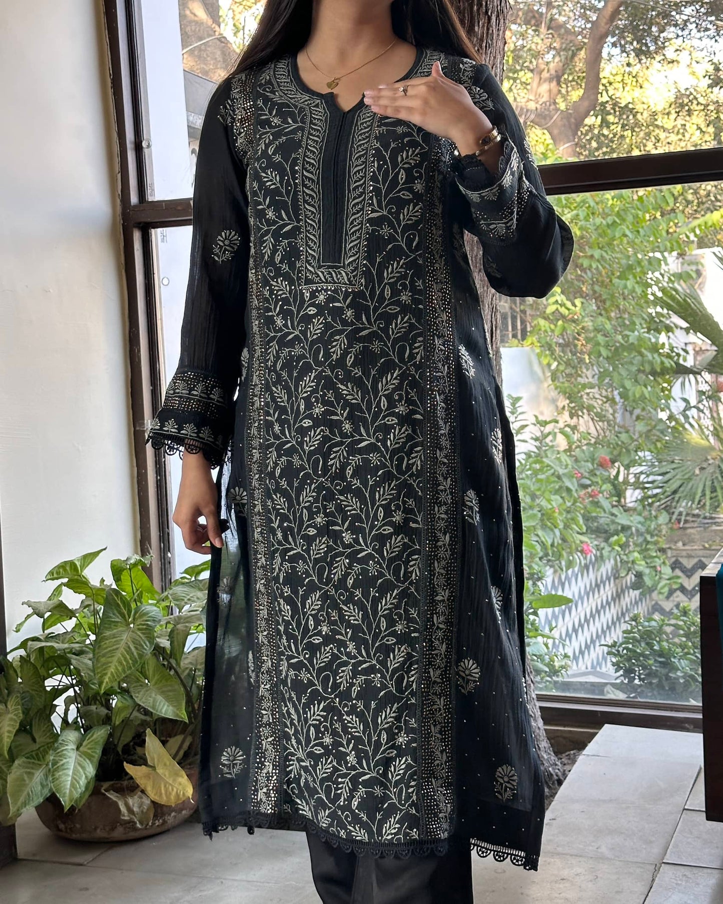 Black Noor Organza Silk Chikankari Straight Cut Kurta Dupatta Set