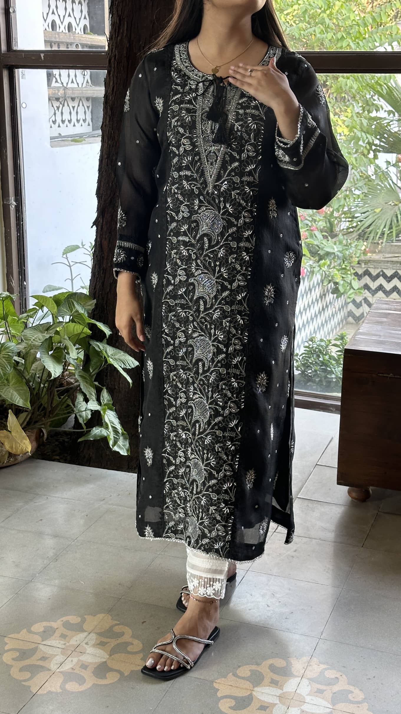 Black Noor Organza Silk Chikankari Straight Cut Kurta Dupatta Set