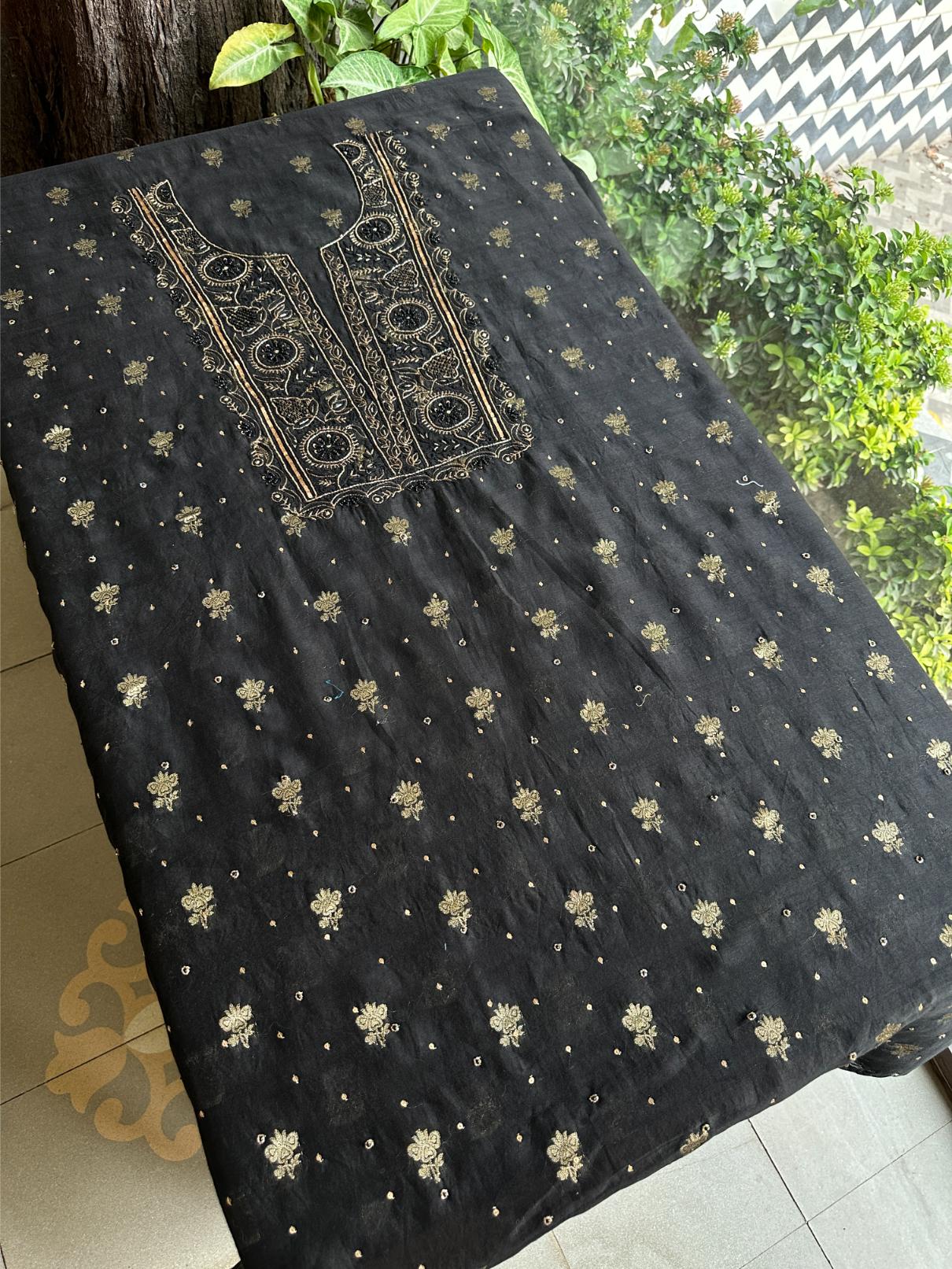 Black Shade Banarasi Zari Chanderi Unstitched Chikankari Fabric