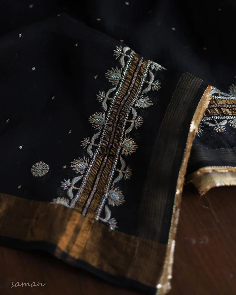 Black Shade Banarasi Zari Chanderi Unstitched Chikankari Fabric
