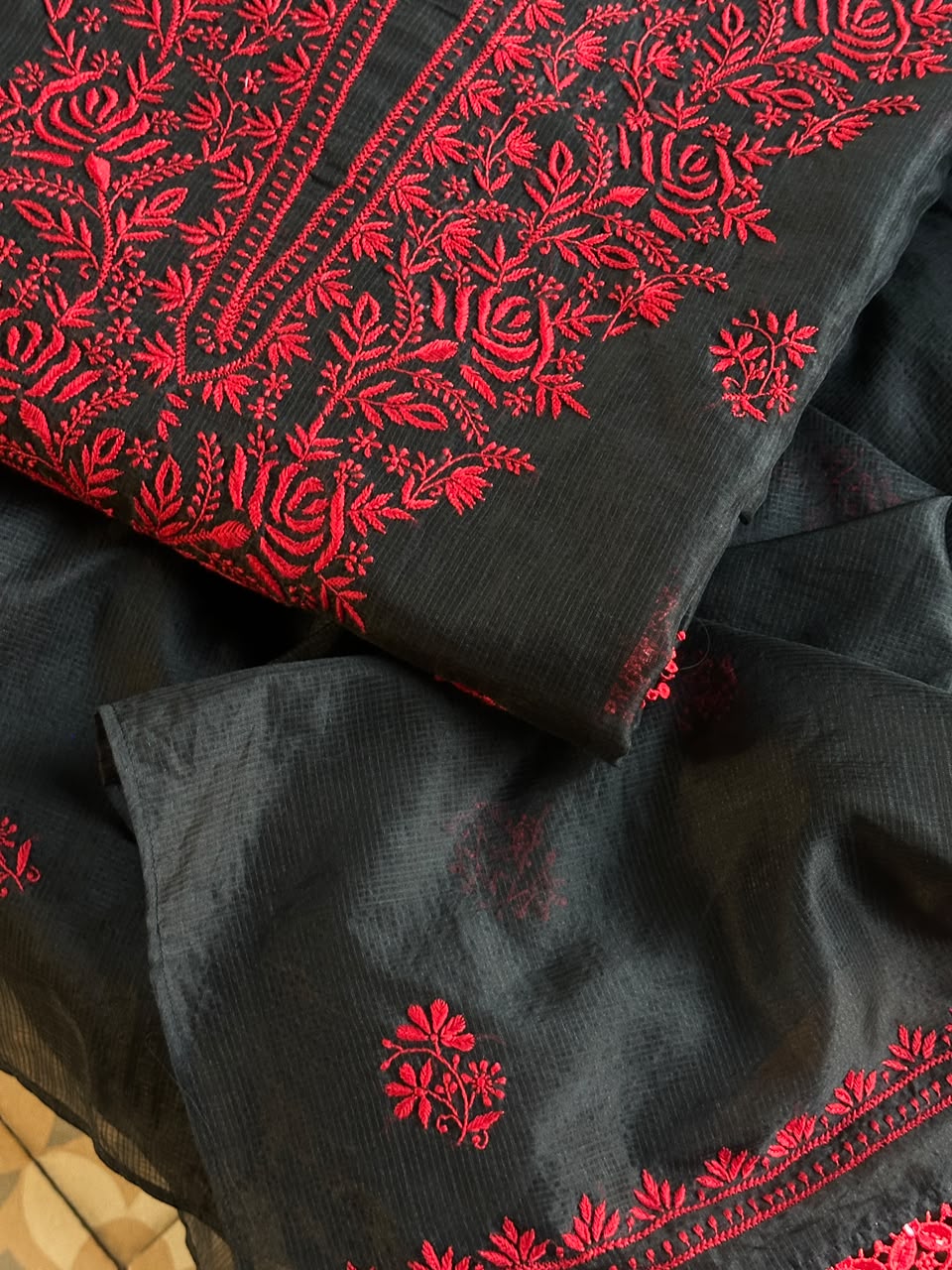 Black Shade Kota Chikankari Unstitched Suit Fabric