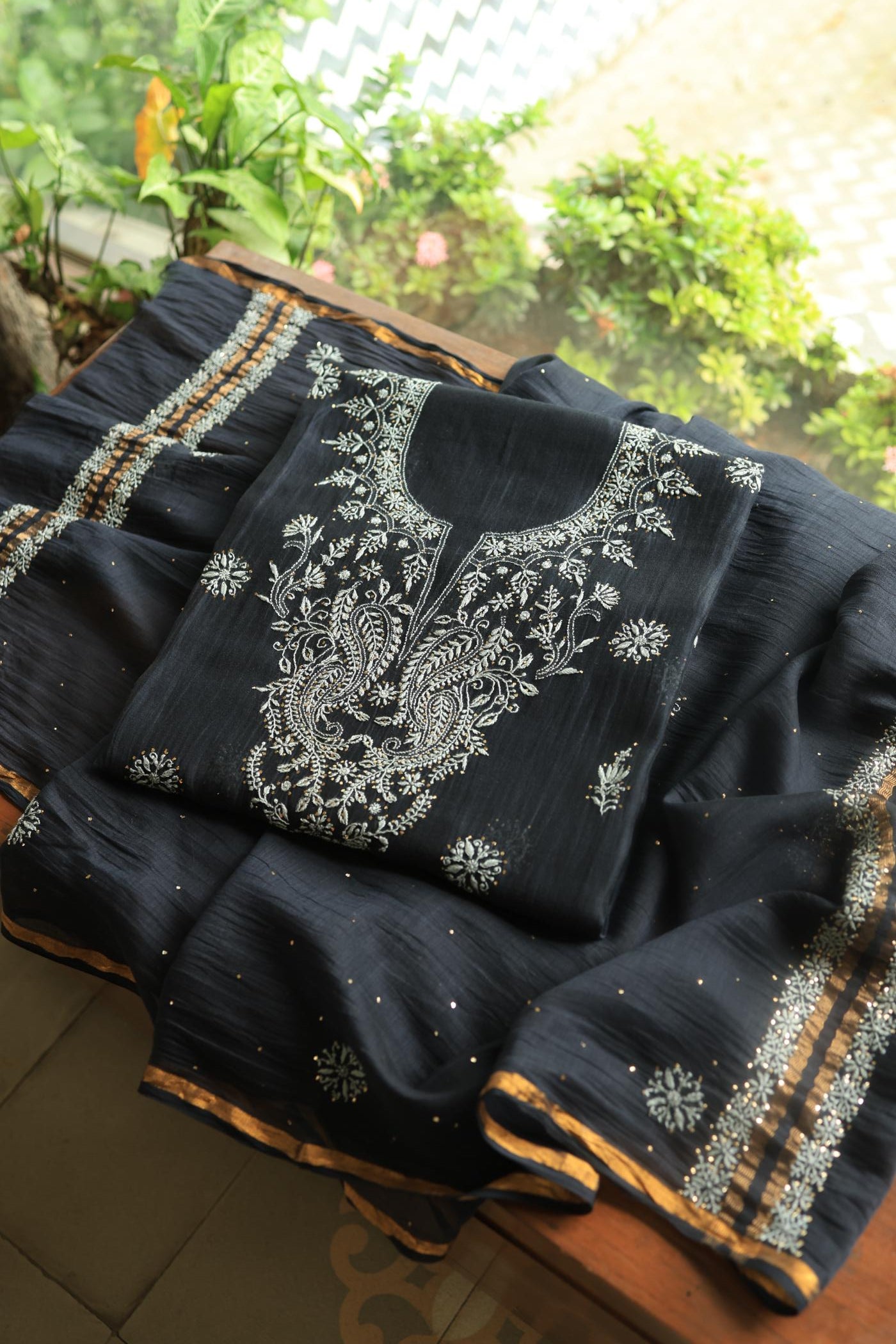 Black Shade Mal Cotton Chikankari Unstitched Fabric