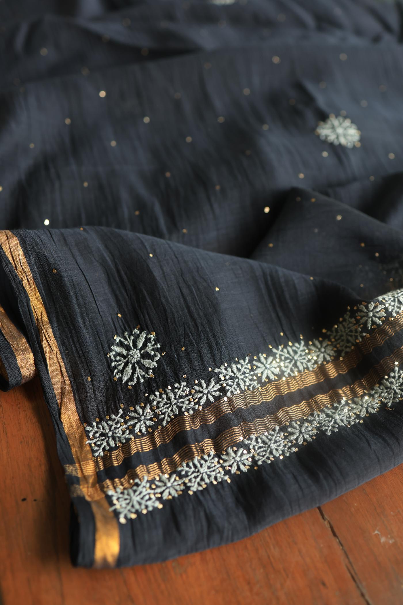 Black Shade Mal Cotton Chikankari Unstitched Fabric