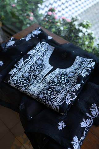 Black Shade Noor Organza Silk Chikankari Unstitched Kurta Dupatta Set