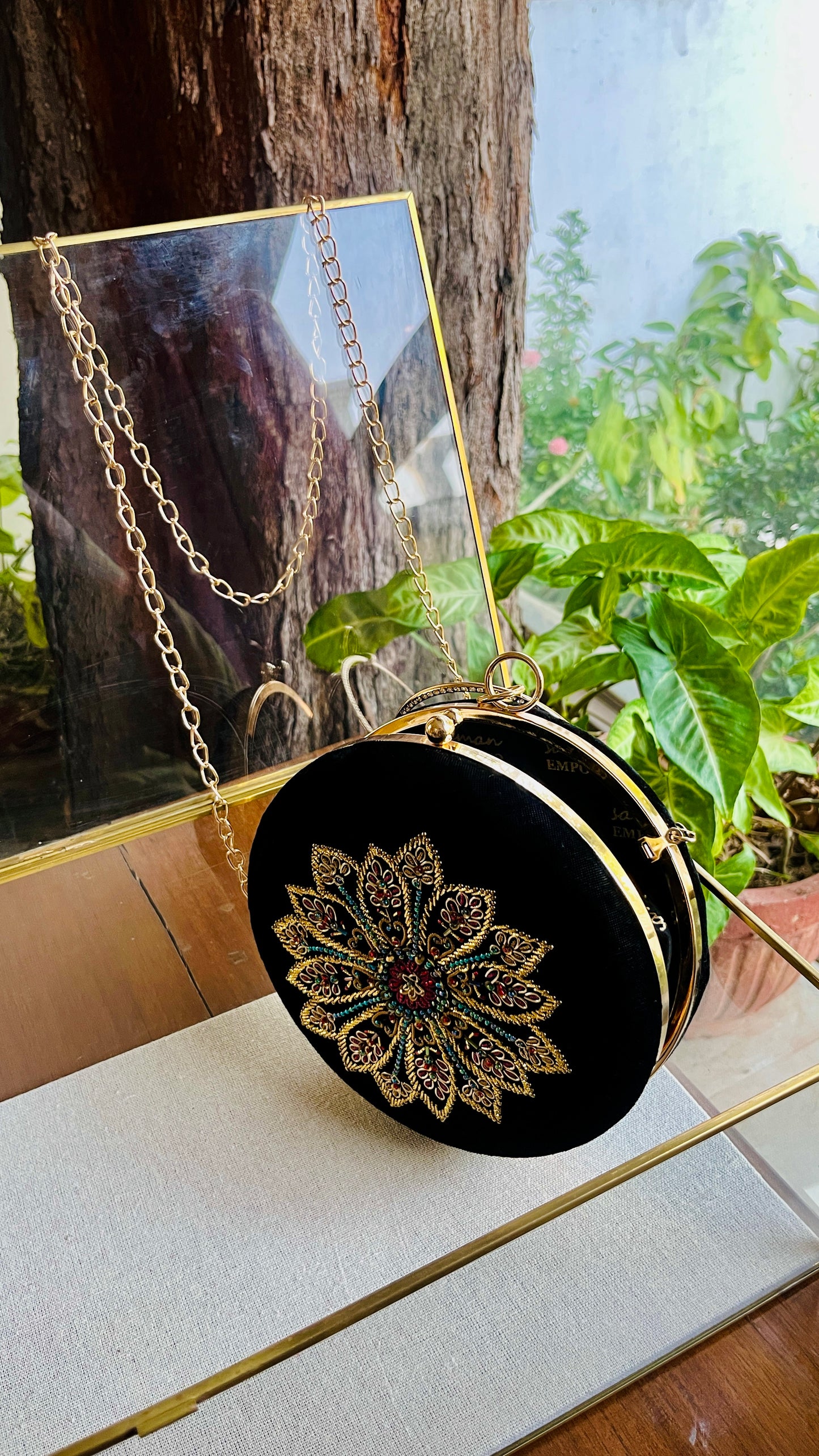 Black Shade Velvet Ari Mukaish Zardosi Round Sling Bag