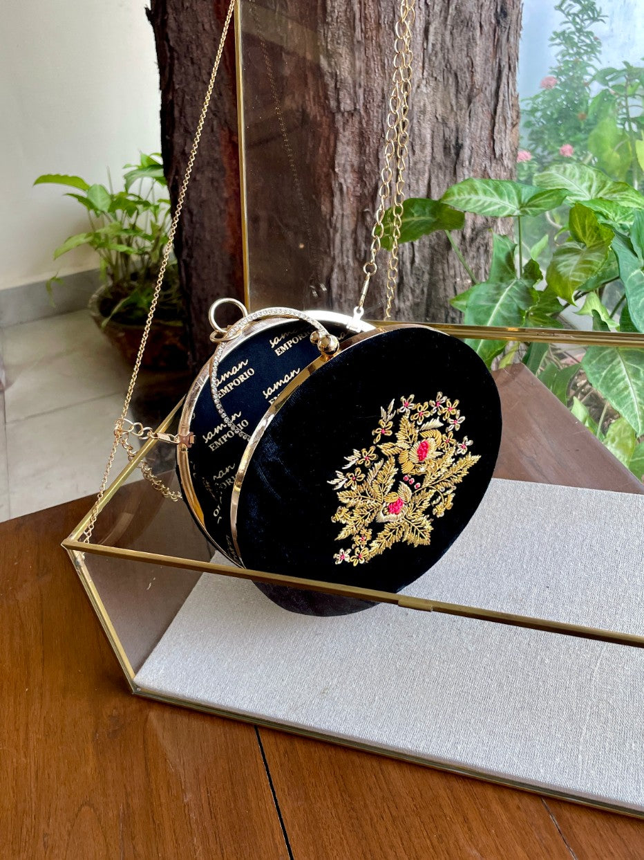 Black Shade Velvet Ari Mukaish Zardosi Round Shape Sling Bag
