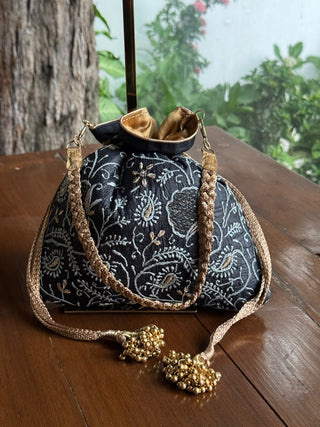 Black Silk Chikankari Ari & Kasab Work Potli Bag
